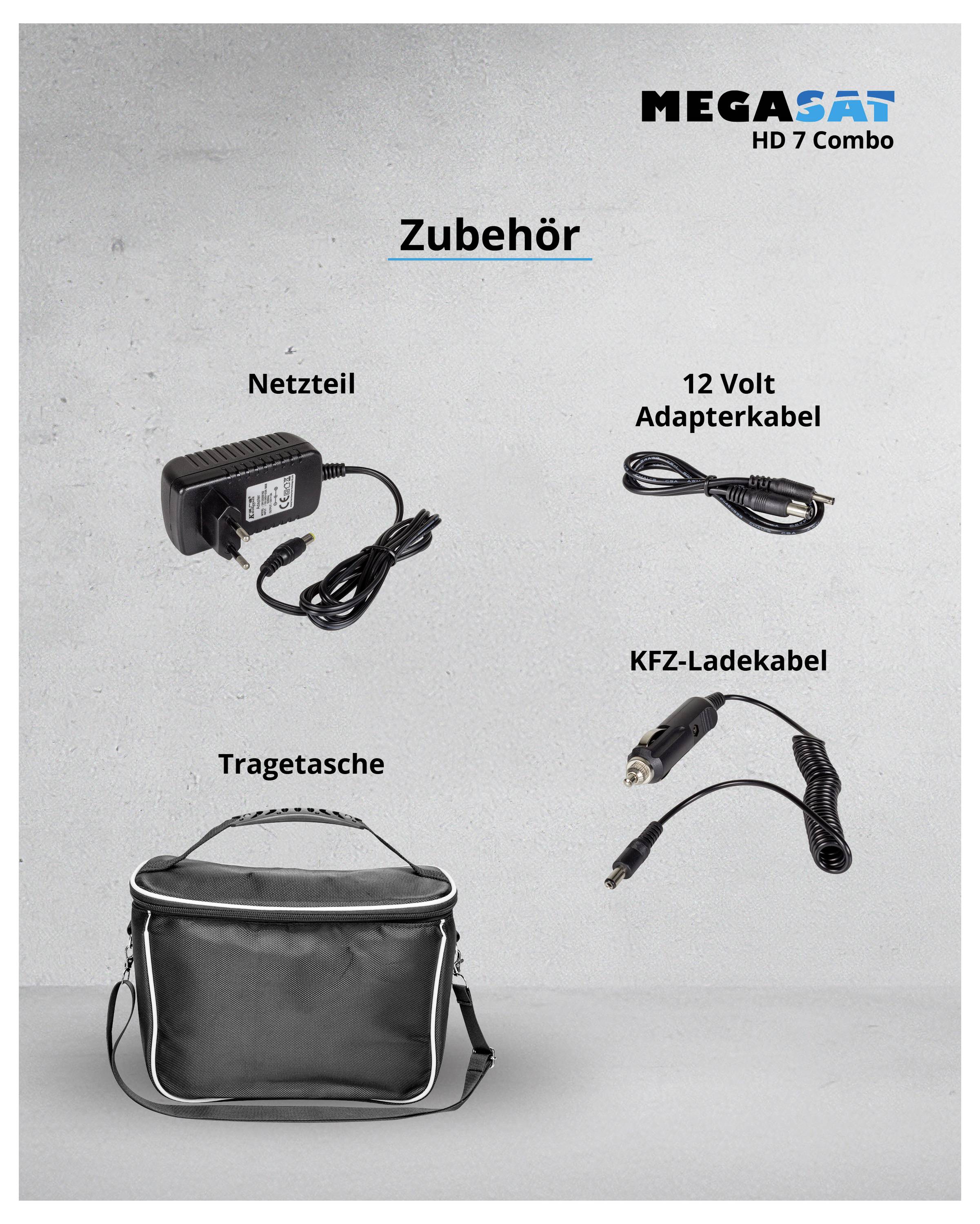'Zubehör' mit Abbildungen von Netzteil, 12 Volt Adapterkabel, KFZ-Ladekabel und Tragetasche. Markenname 'MEGASAT' oben rechts.