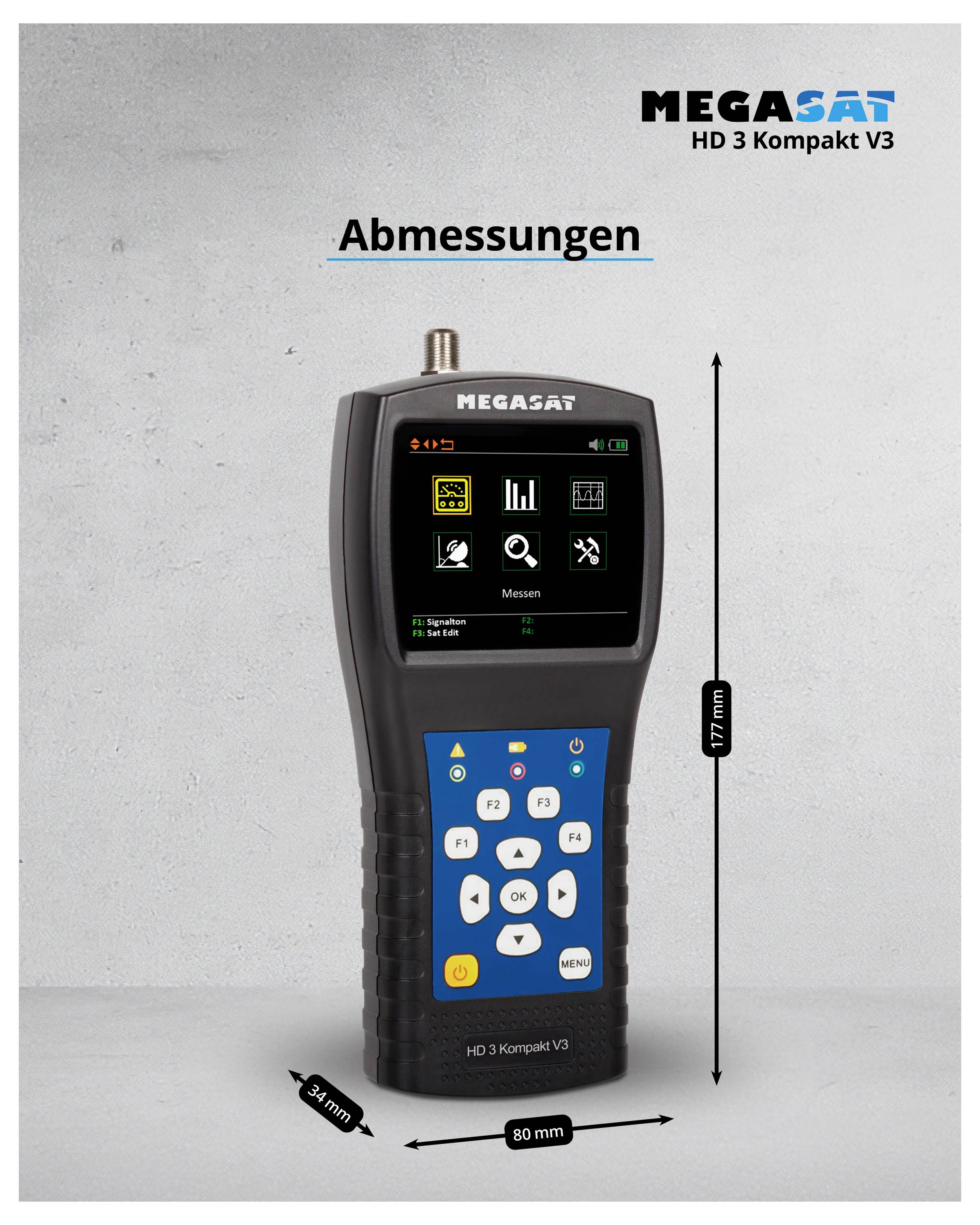 Handmessgerät 'MEGASAT HD 3 Kompakt V3' mit Bildschirm und Tasten, Abmessungen: 177 mm hoch, 80 mm breit.