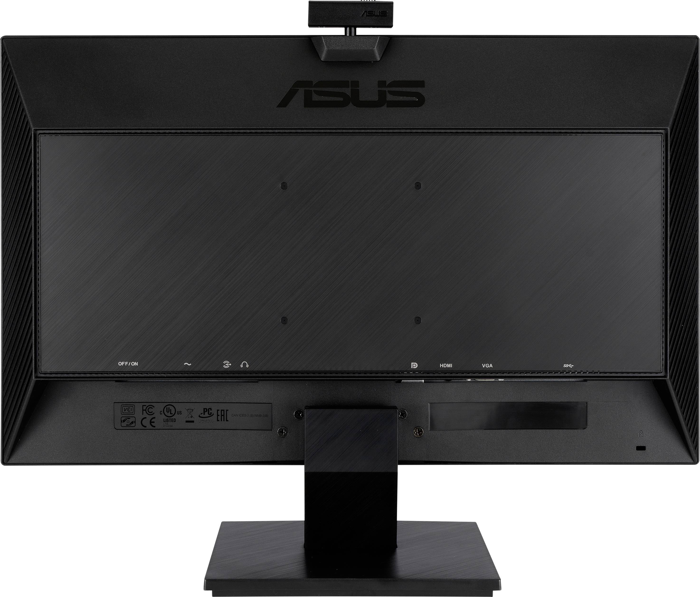 Rückseite eines schwarzen Monitors mit Markenlogo, mit Standfuß und verschiedenen Anschlussports.