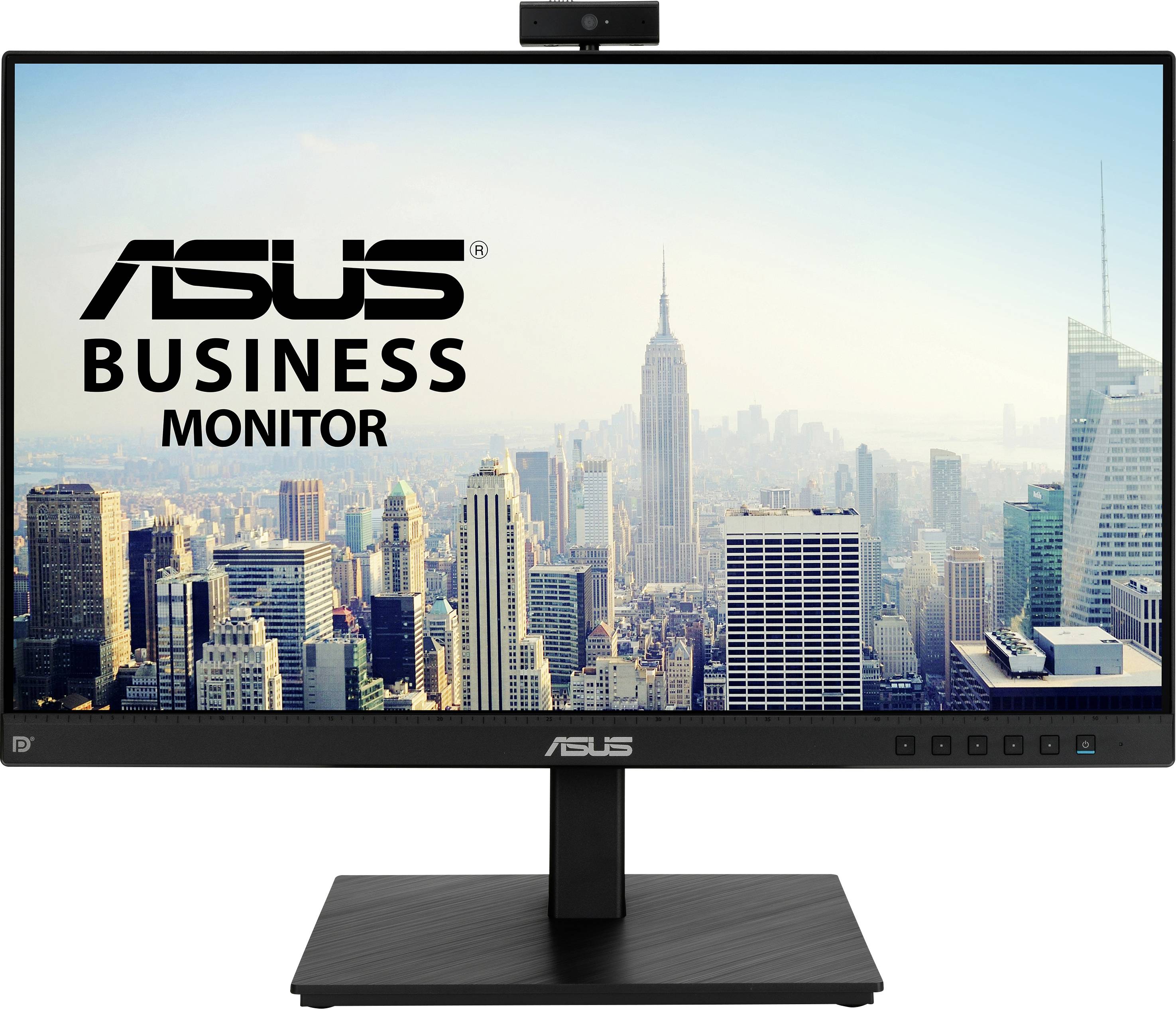 Ein Computerbildschirm zeigt die Skyline von New York City mit dem Empire State Building. Auf dem Bildschirm steht 'ASUS Business Monitor'.