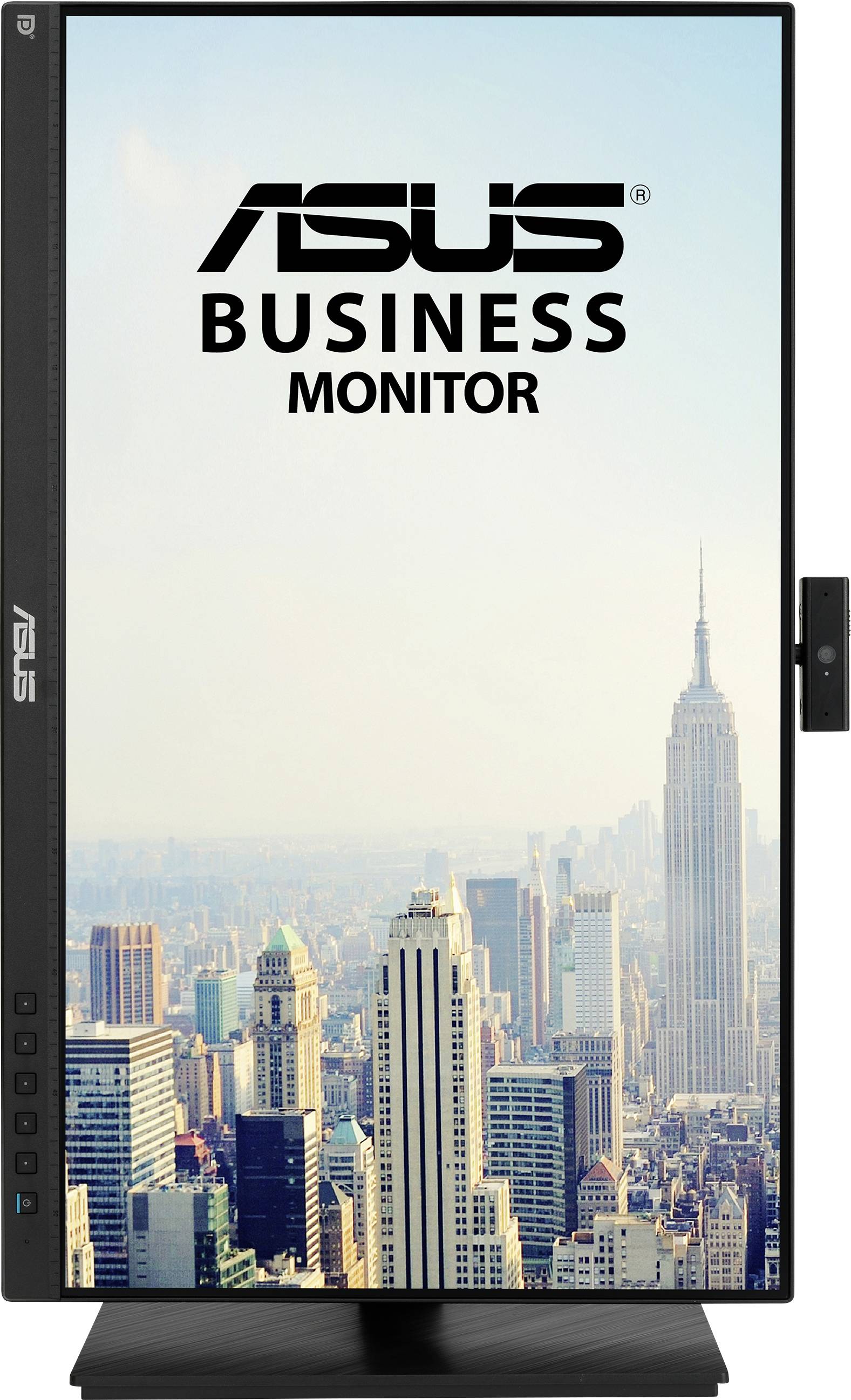 Ein vertikal ausgerichteter ASUS Business Monitor zeigt einen Blick auf die Skyline von New York mit dem Empire State Building im Hintergrund.