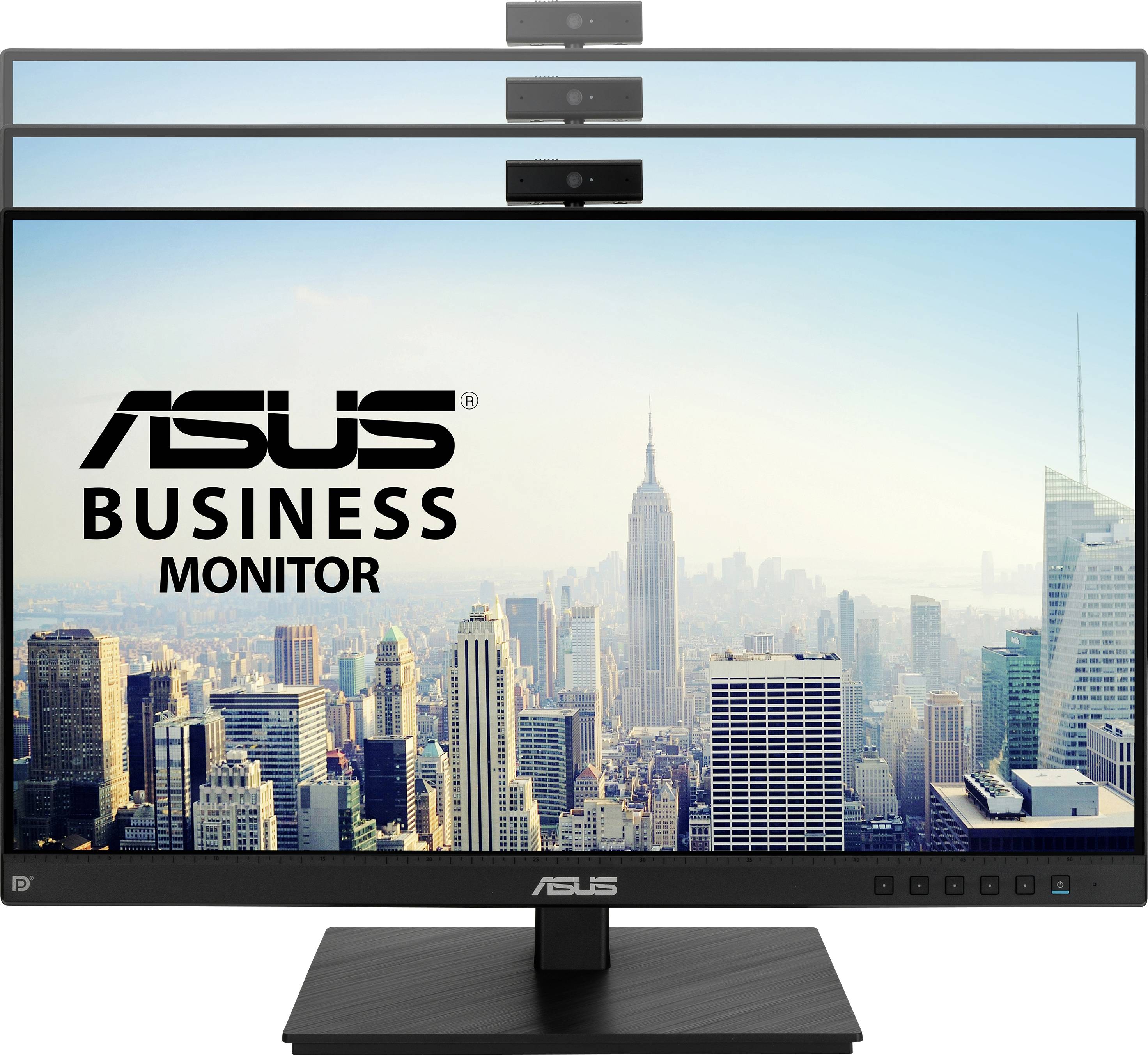 Ein ASUS Business Monitor zeigt einen Stadtbildschirm mit Wolkenkratzern, darunter das Empire State Building. Im Vordergrund steht das Monitorlogo.