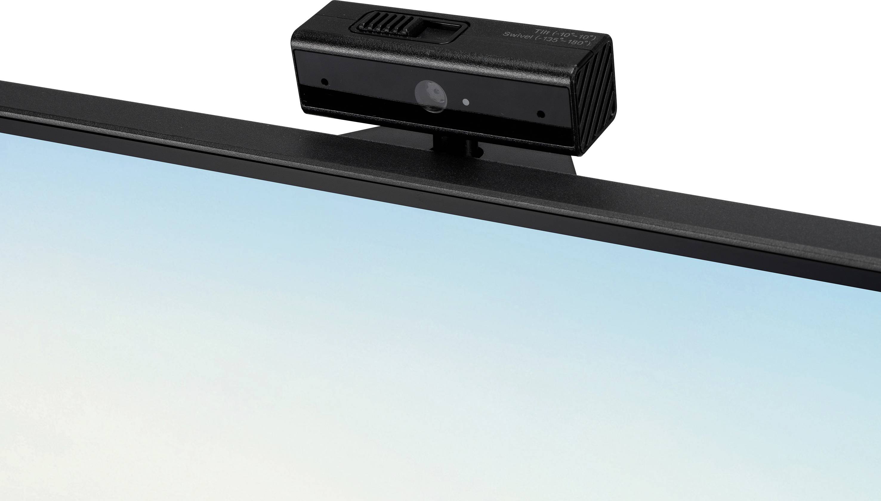 Schwarze Webcam auf einem Monitor montiert, Blick auf die Linse gerichtet, umgeben von blauem Himmel im Hintergrund.