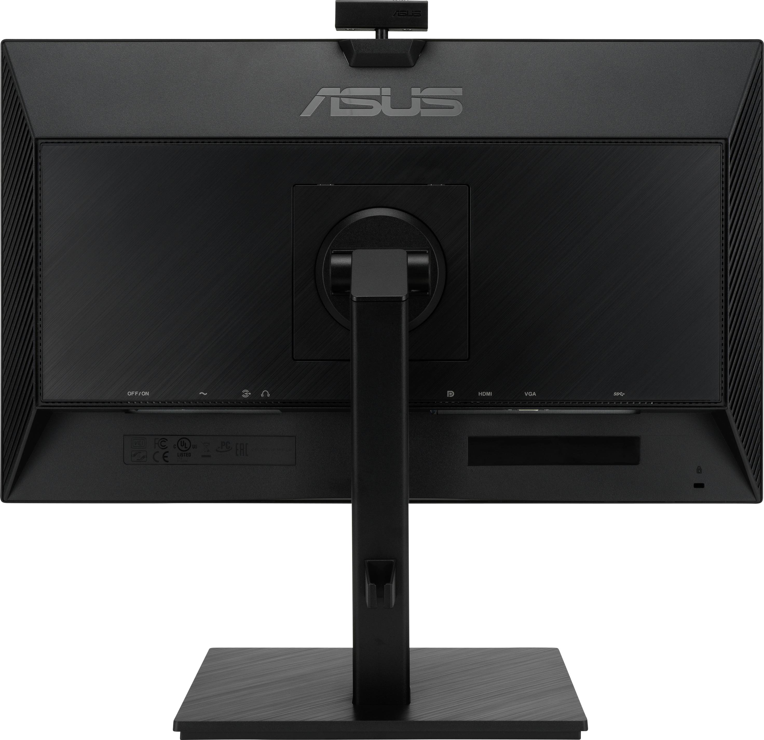 Ein schwarzer ASUS-Monitor von hinten, mit einem schwenkbaren Standfuß. Das Logo ist oben sichtbar.