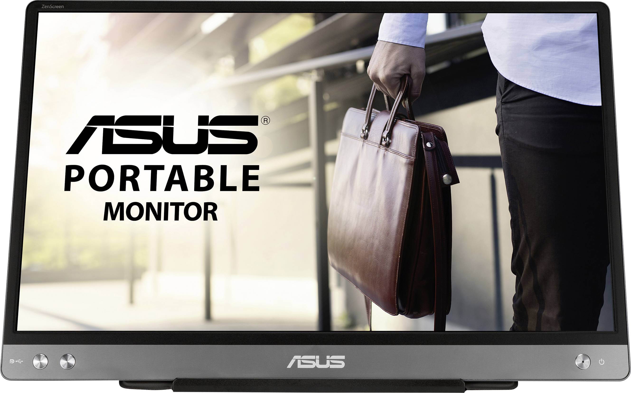 Ein tragbarer Monitor von ASUS. Auf dem Bildschirm ist ein Bild einer Person, die eine braune Ledertasche trägt, zu sehen.