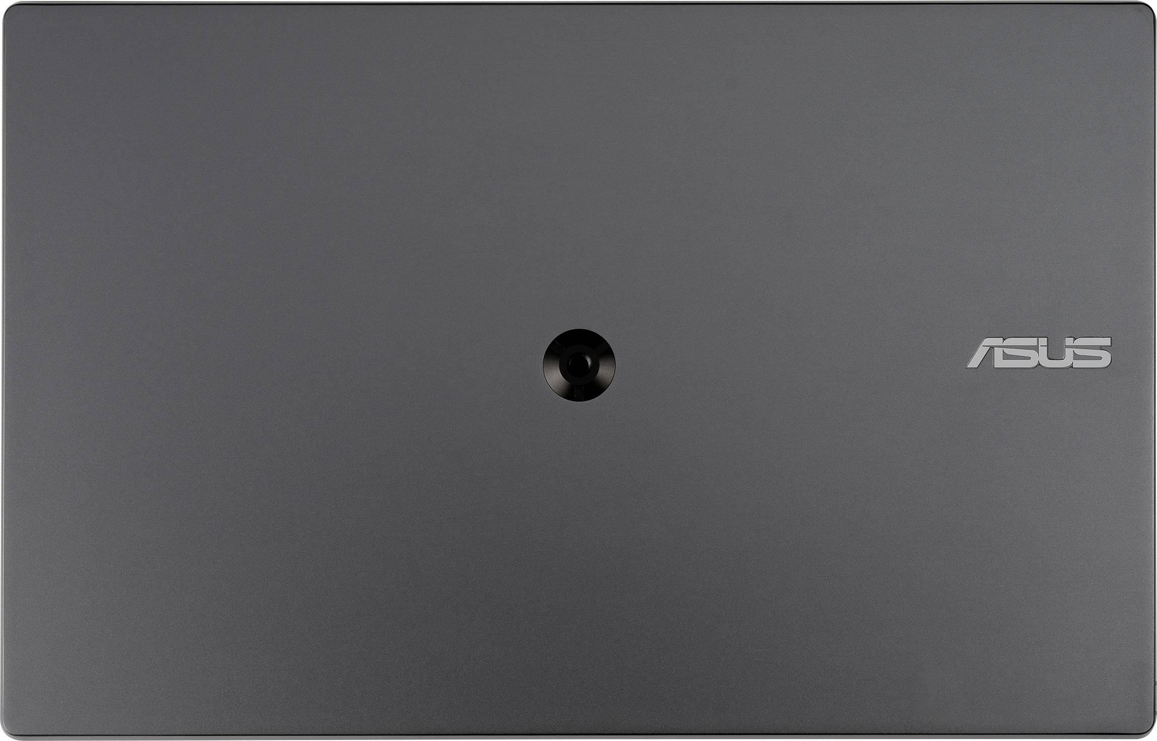 Laptopdeckel in dunklem Grau mit Asus-Logo in der rechten oberen Ecke.