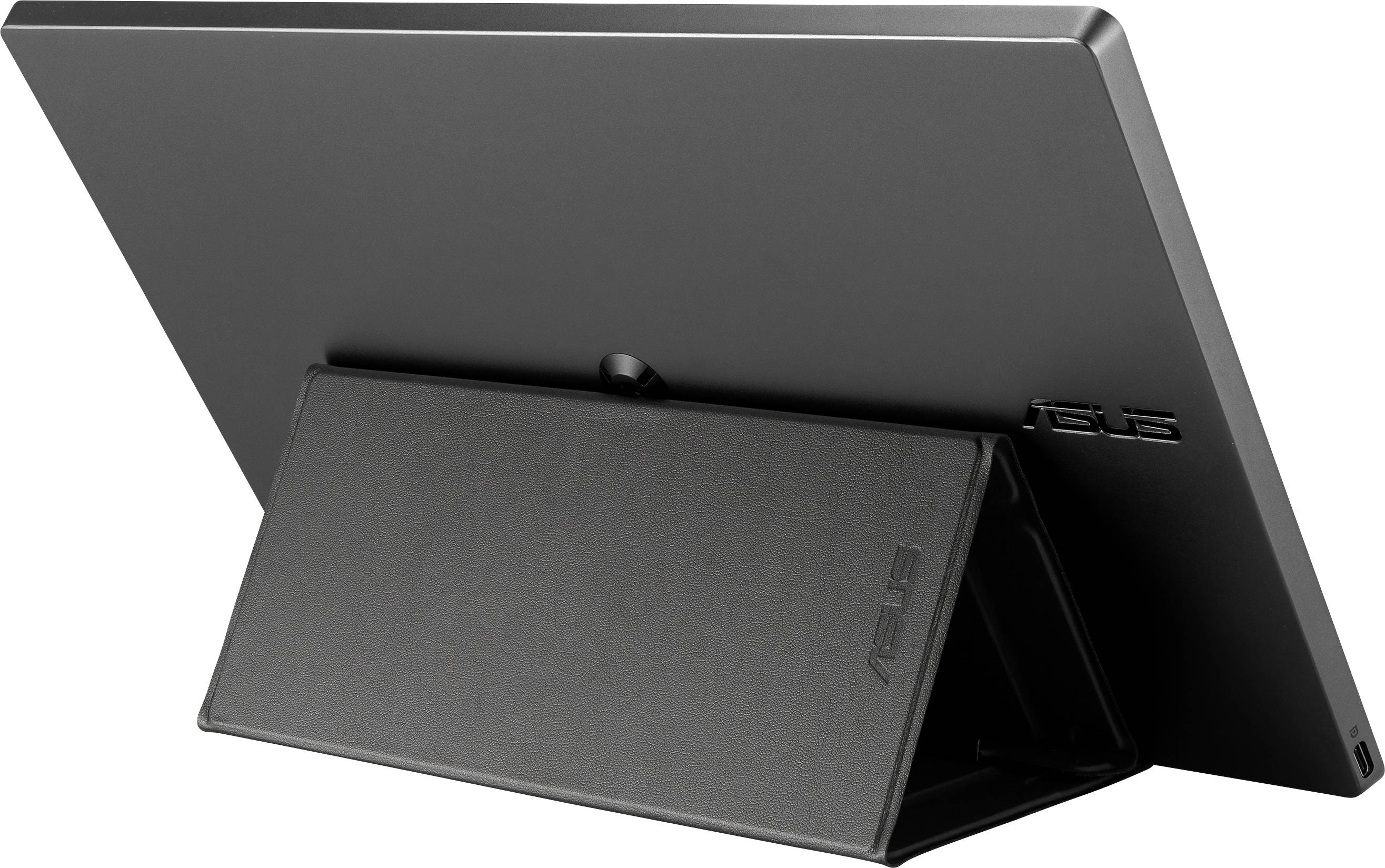 Ein schwarzer Monitor mit integriertem Ständer von der Seite gezeigt, Markenlogo sichtbar, einfaches und schlankes Design.