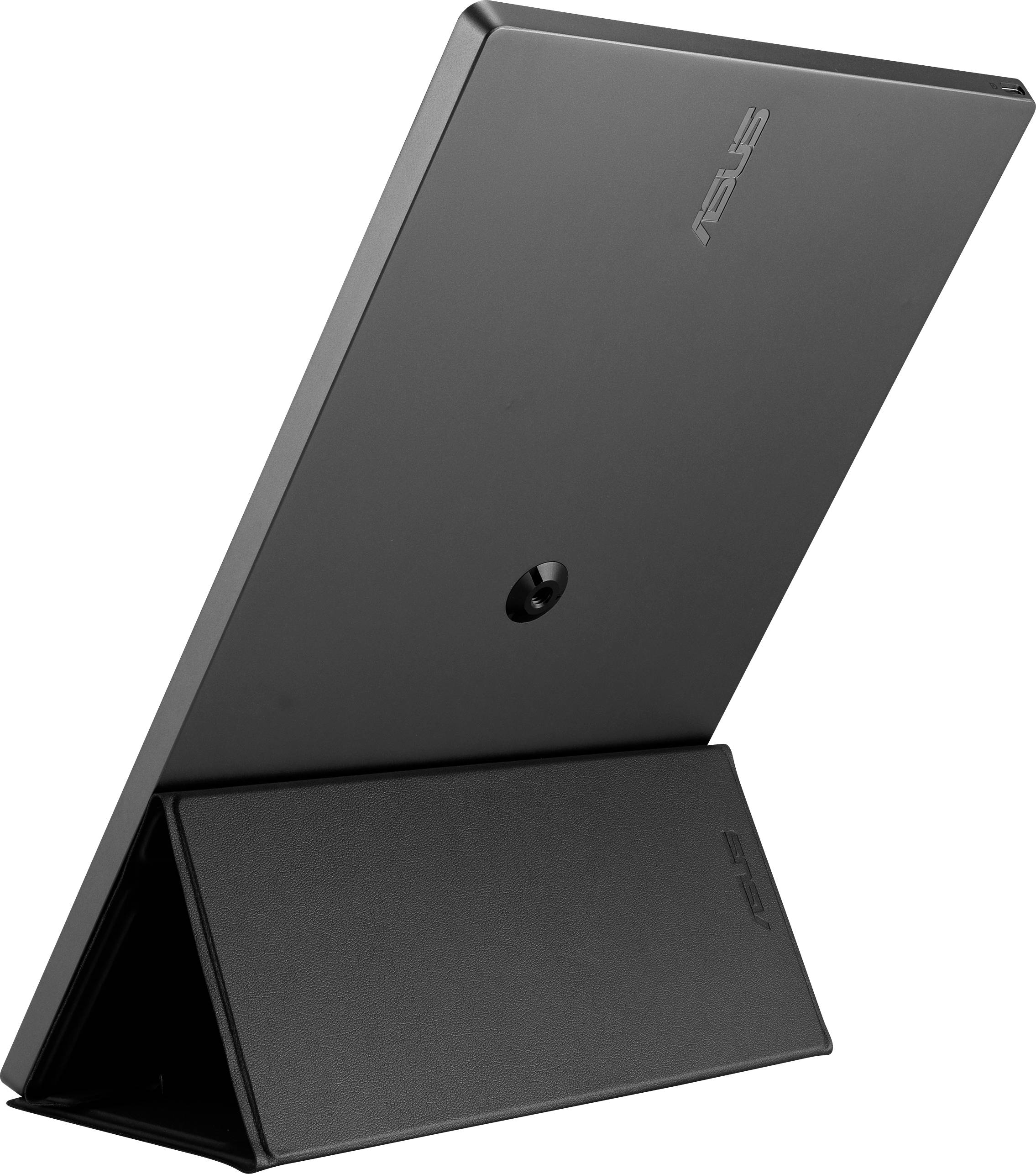 Ein tragbarer ASUS-Monitor mit schlankem Design und integrierter Standhalterung, ideal für mobilen Einsatz und Präsentationen.