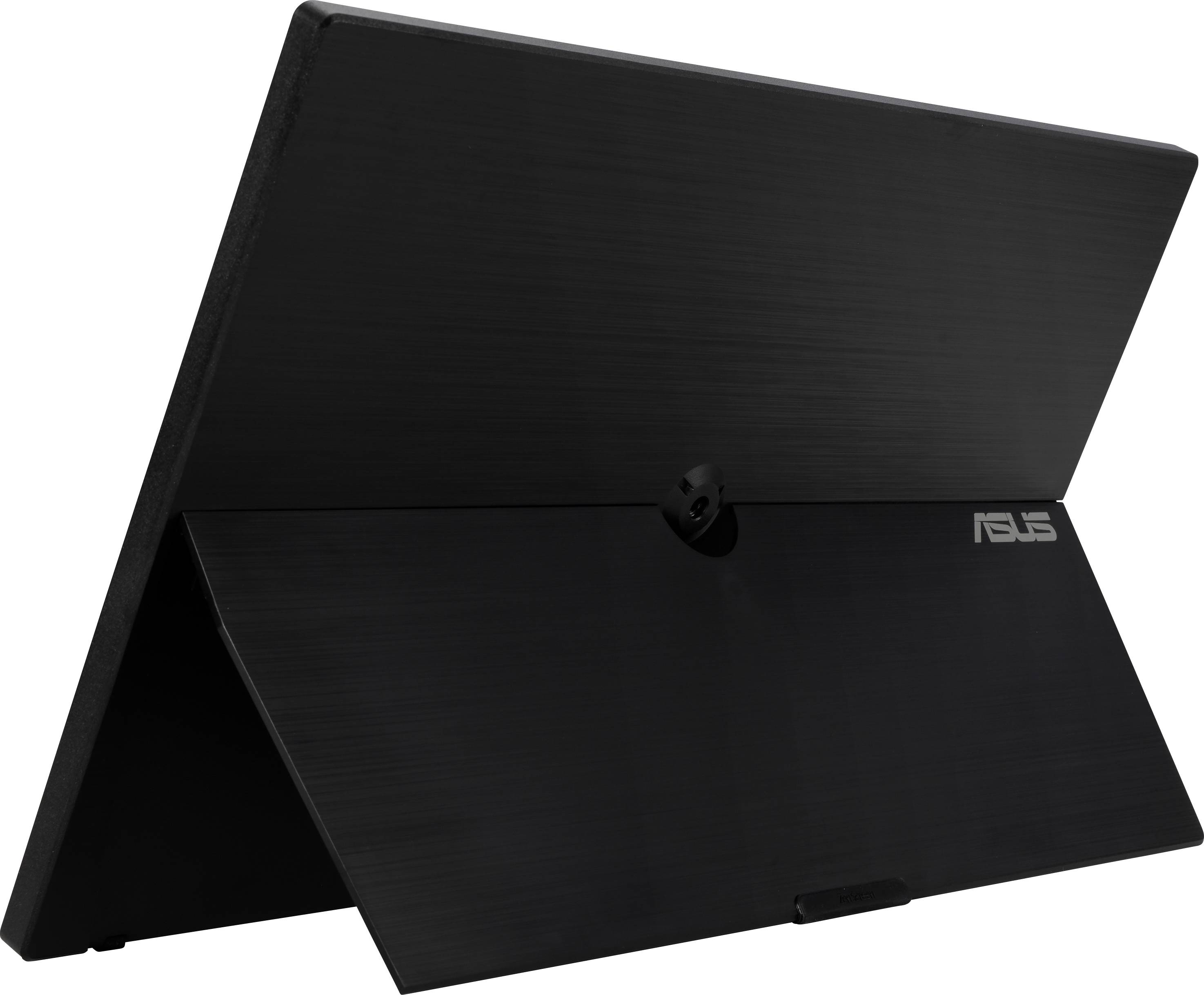 Ein schwarz glänzender ASUS-Monitor zeigt die Rückseite mit einem Standfuß. Ideal zum Einsatz als tragbarer Zweitmonitor.