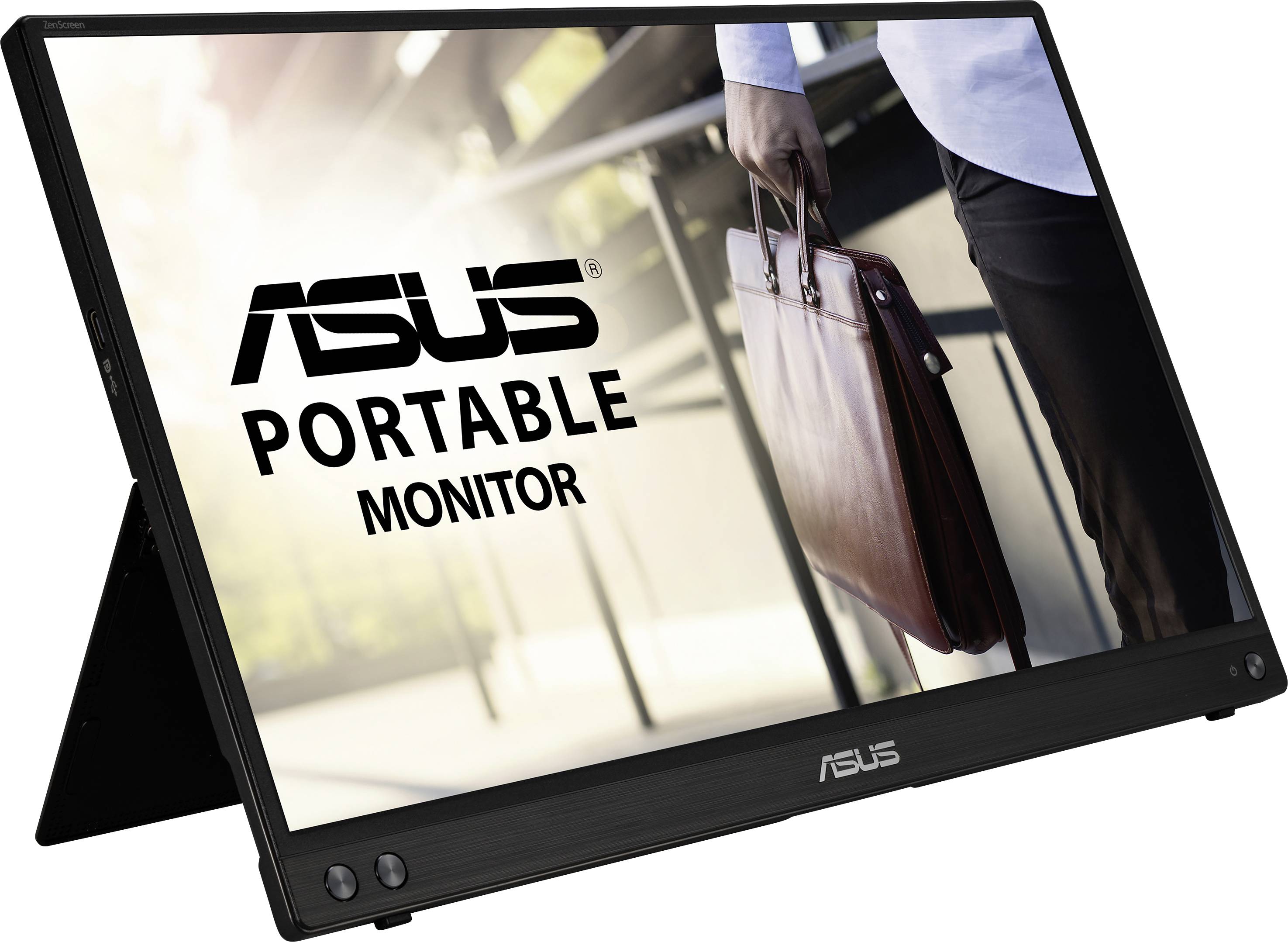 Ein tragbarer ASUS-Monitor zeigt rechts eine Person in Business-Kleidung, die eine Aktentasche trägt. Der Hintergrund ist verschwommen.