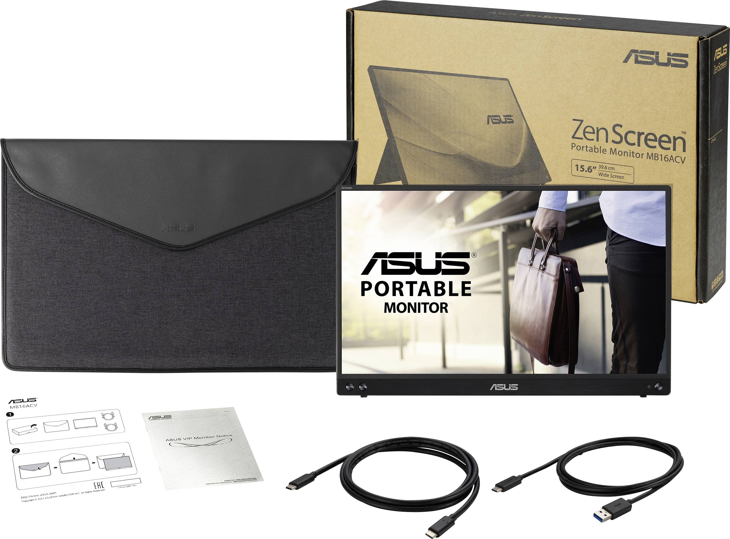 'Asus ZenScreen MB16ACV' tragbarer Monitor mit Verpackung, Tragetasche, Anleitung und zwei Kabeln. Der Bildschirm zeigt eine Person mit Aktentasche.