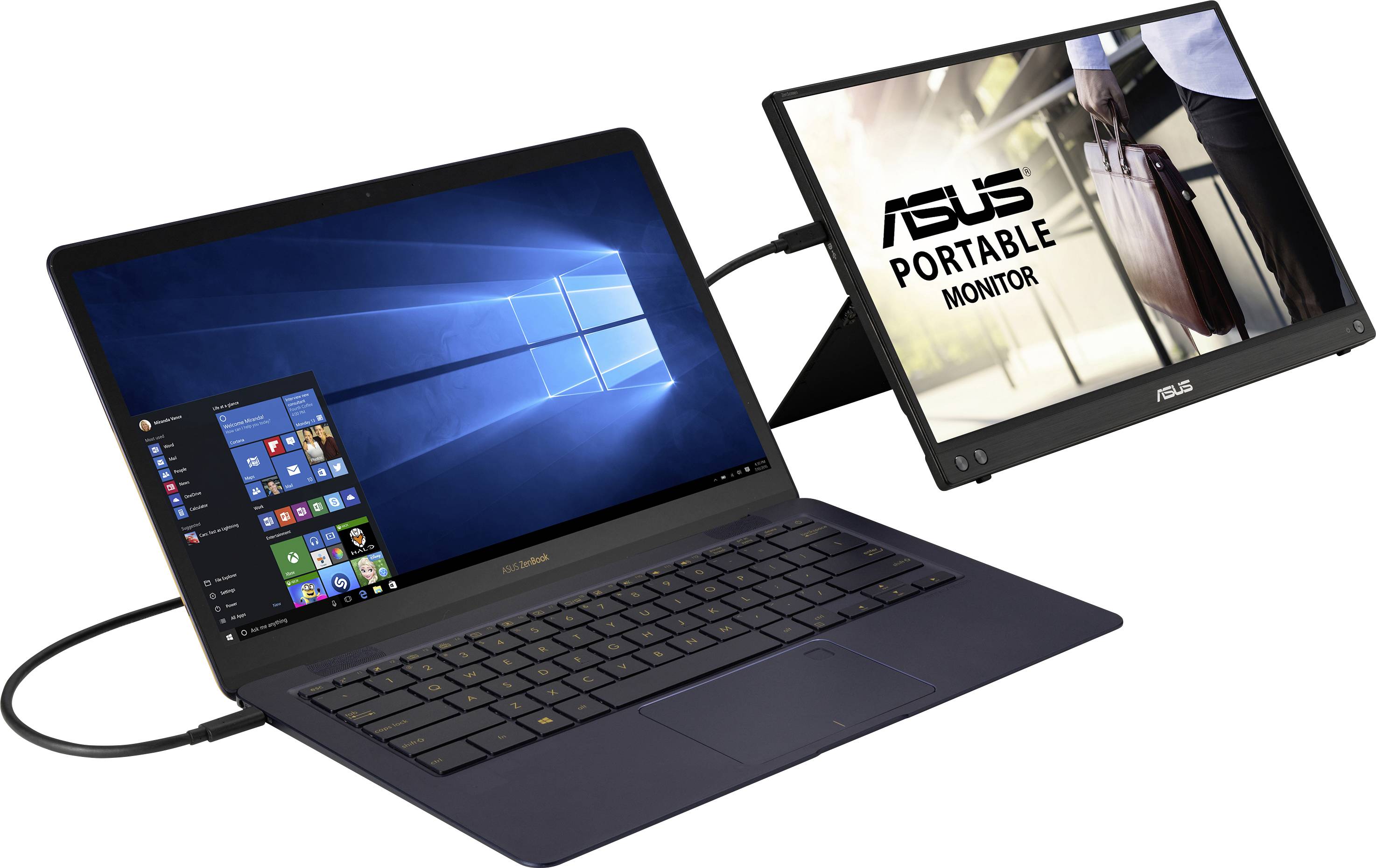 Laptop ist mit tragbarem ASUS-Monitor verbunden. Auf dem Laptopbildschirm ist das Windows-Startmenü sichtbar.