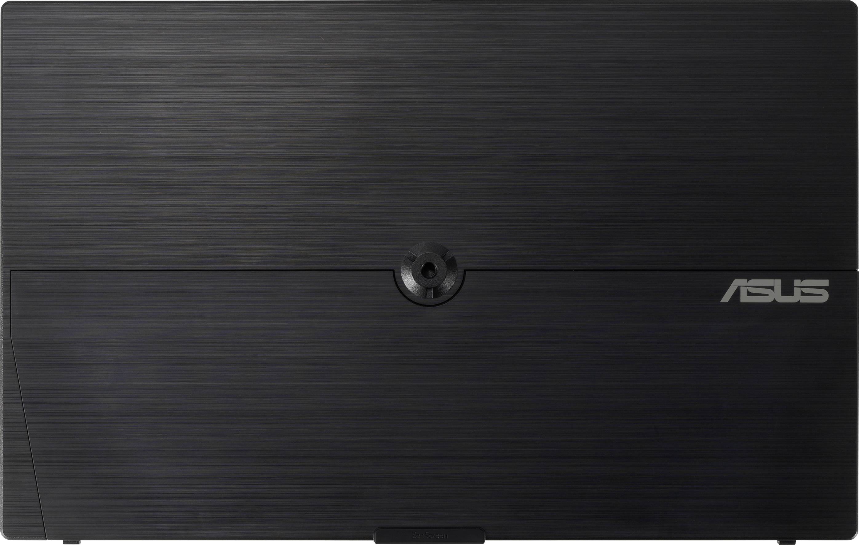 Schwarzer Laptopdeckel mit ASUS-Logo unten rechts in grau. Oberflächenstruktur ist gebürstet.