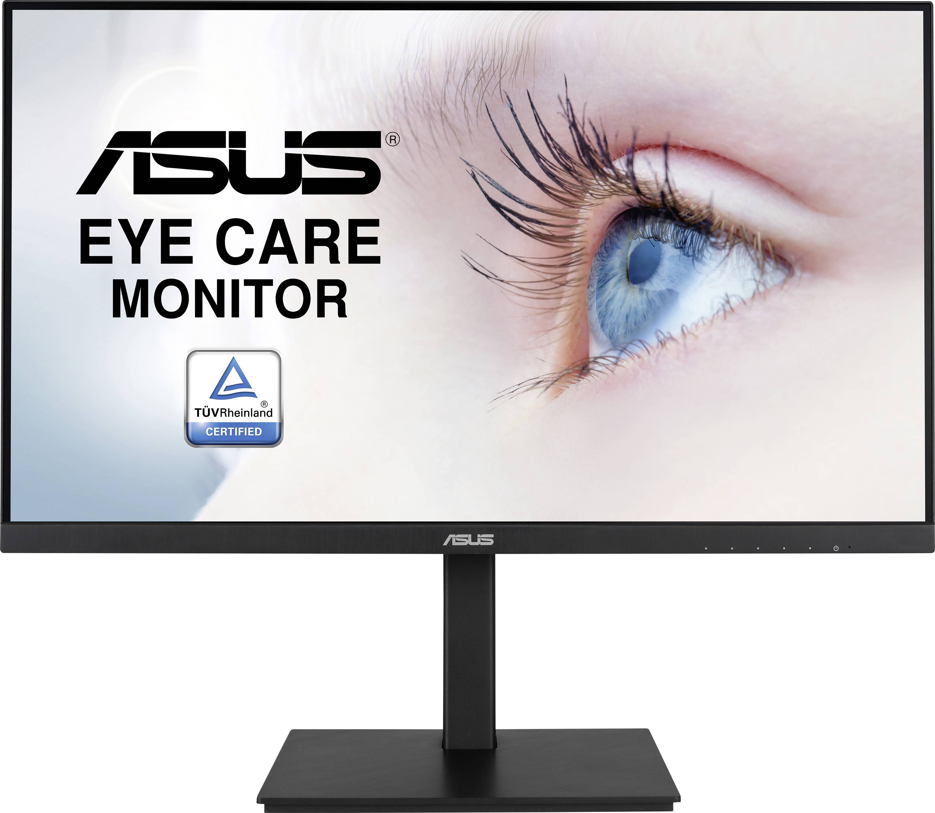 'ASUS Eye Care Monitor' mit TÜV Rheinland Zertifikat, zeigt großes menschliches Auge auf Bildschirm, betont augenschonende Technologie.