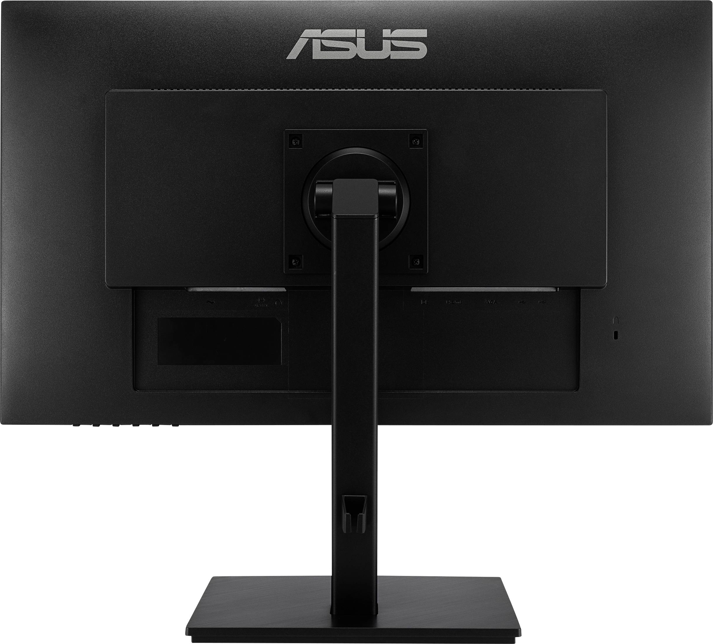 Ein schwarzer Computermonitor von ASUS, hinten abgebildet. Der Standfuß ist zentral angebracht, die Marke oben deutlich sichtbar.