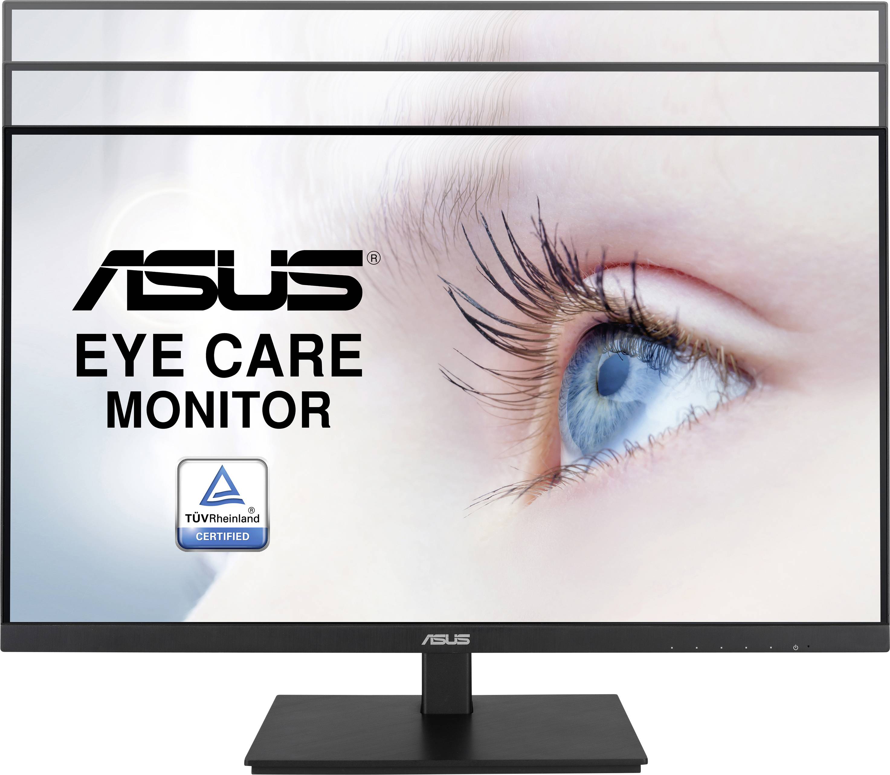 Asus-Monitor mit Augenpflege-Technologie. Große Aufnahme eines blauen Auges. TÜV Rheinland-zertifiziert.