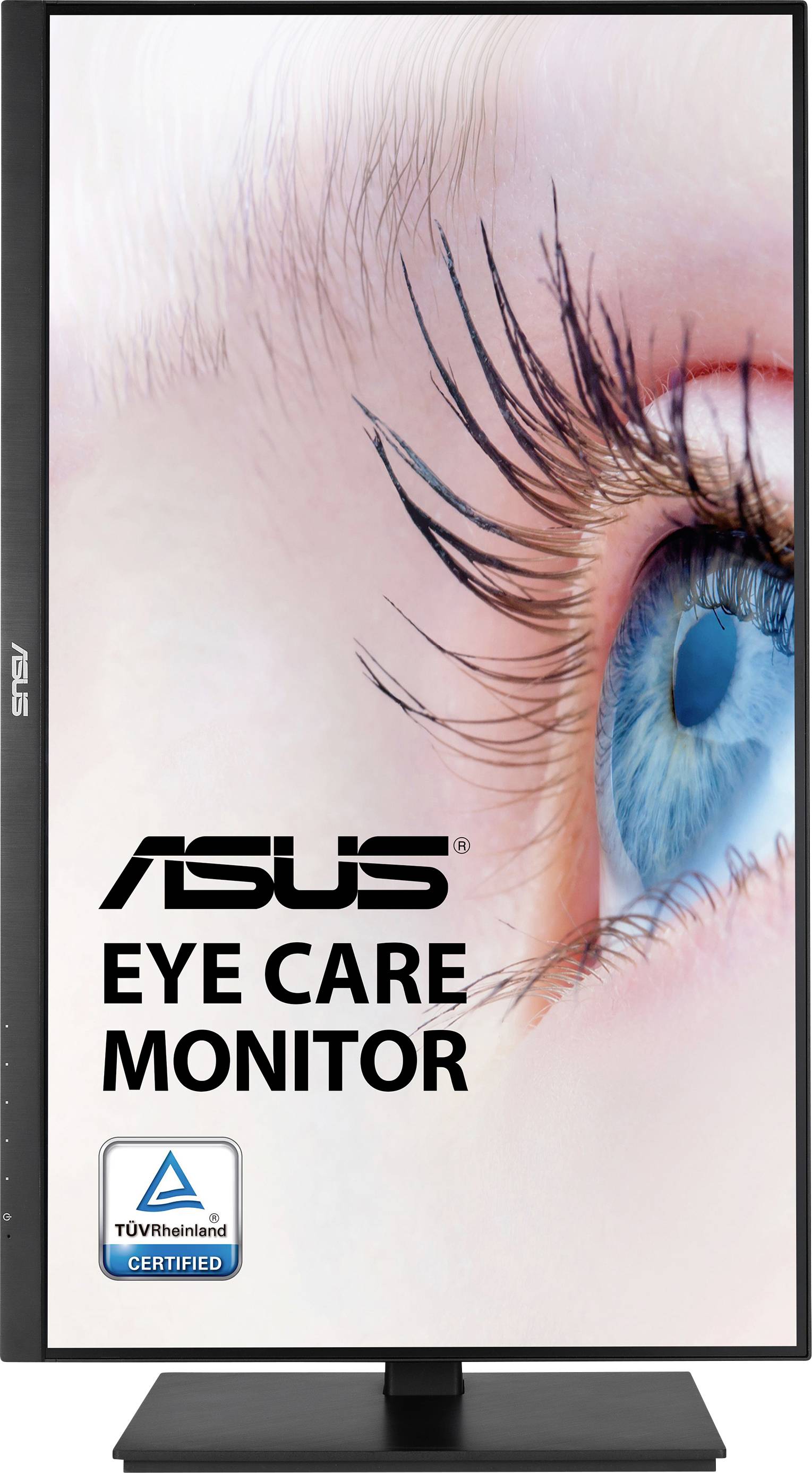 Asus-Monitoranzeige mit dem Fokus auf ein Auge, Text 'Asus Eye Care Monitor', TÜV Rheinland-Zertifizierungssymbol.