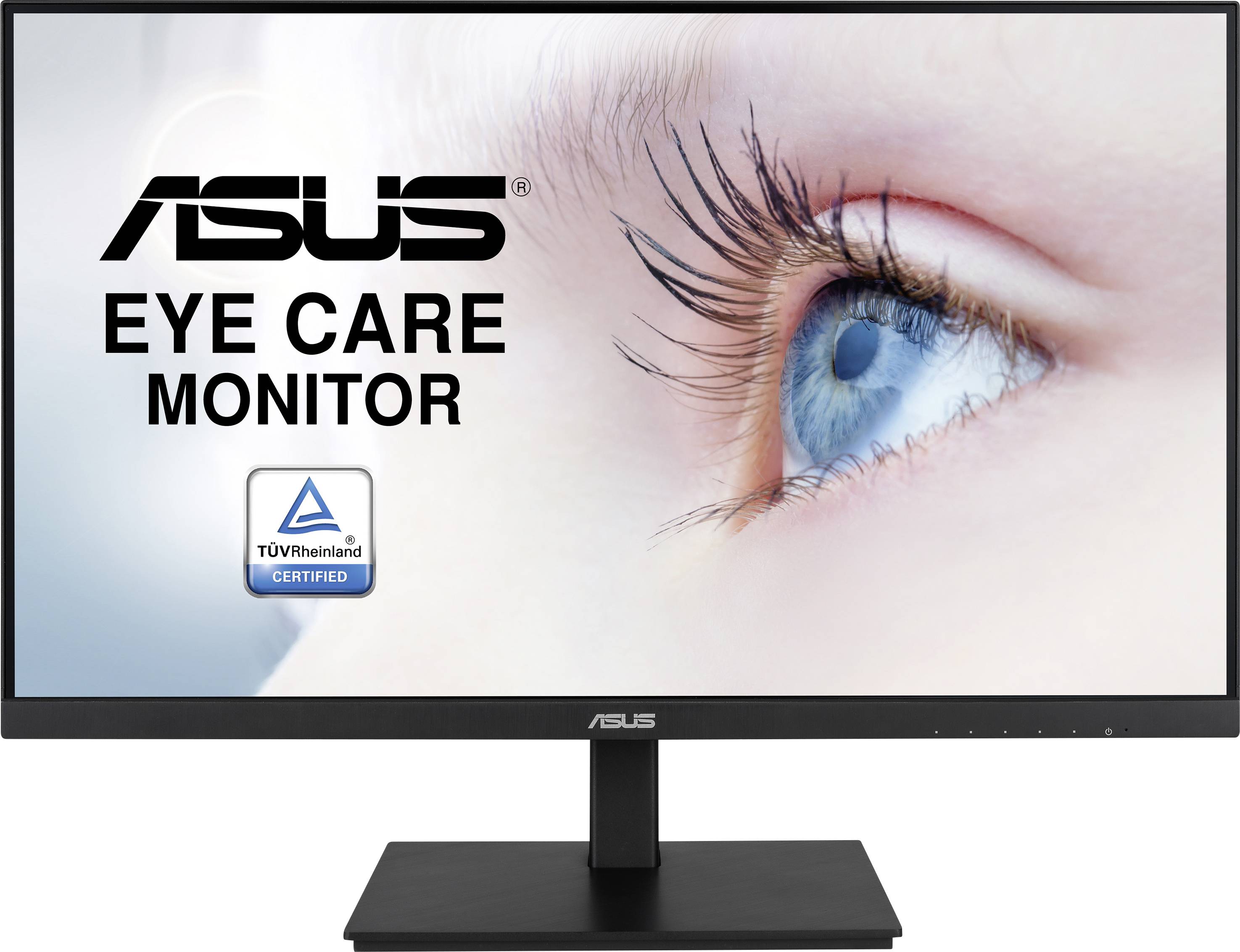 Ein ASUS Monitor mit der Aufschrift 'Eye Care Monitor' und TÜV Rheinland Zertifizierung. Nahaufnahme eines blauen Auges auf dem Bildschirm.