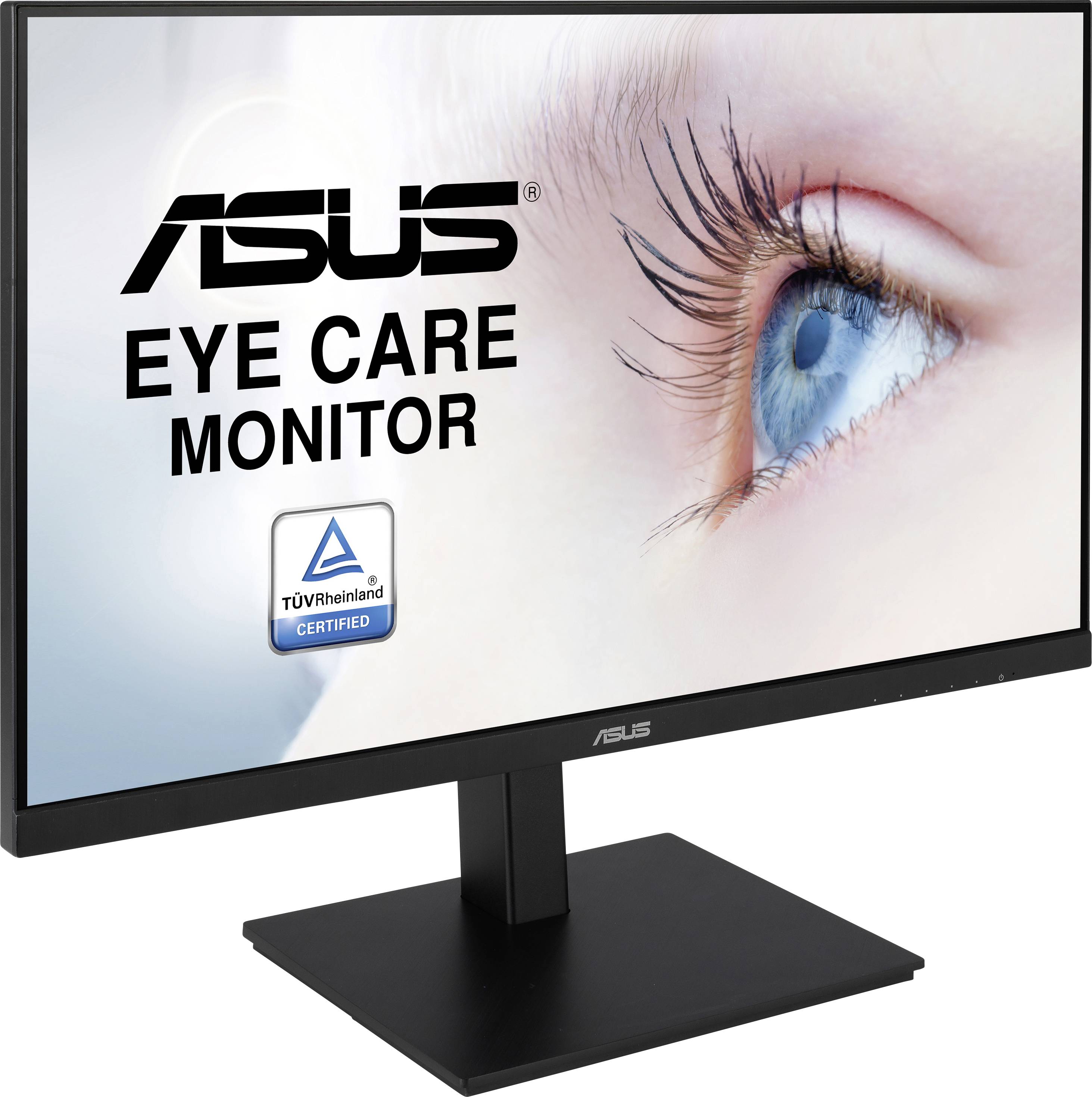 Ein Monitor mit der Aufschrift 'ASUS Eye Care Monitor' und 'TÜV Rheinland Certified'. Nahaufnahme eines Auges auf dem Bildschirm.
