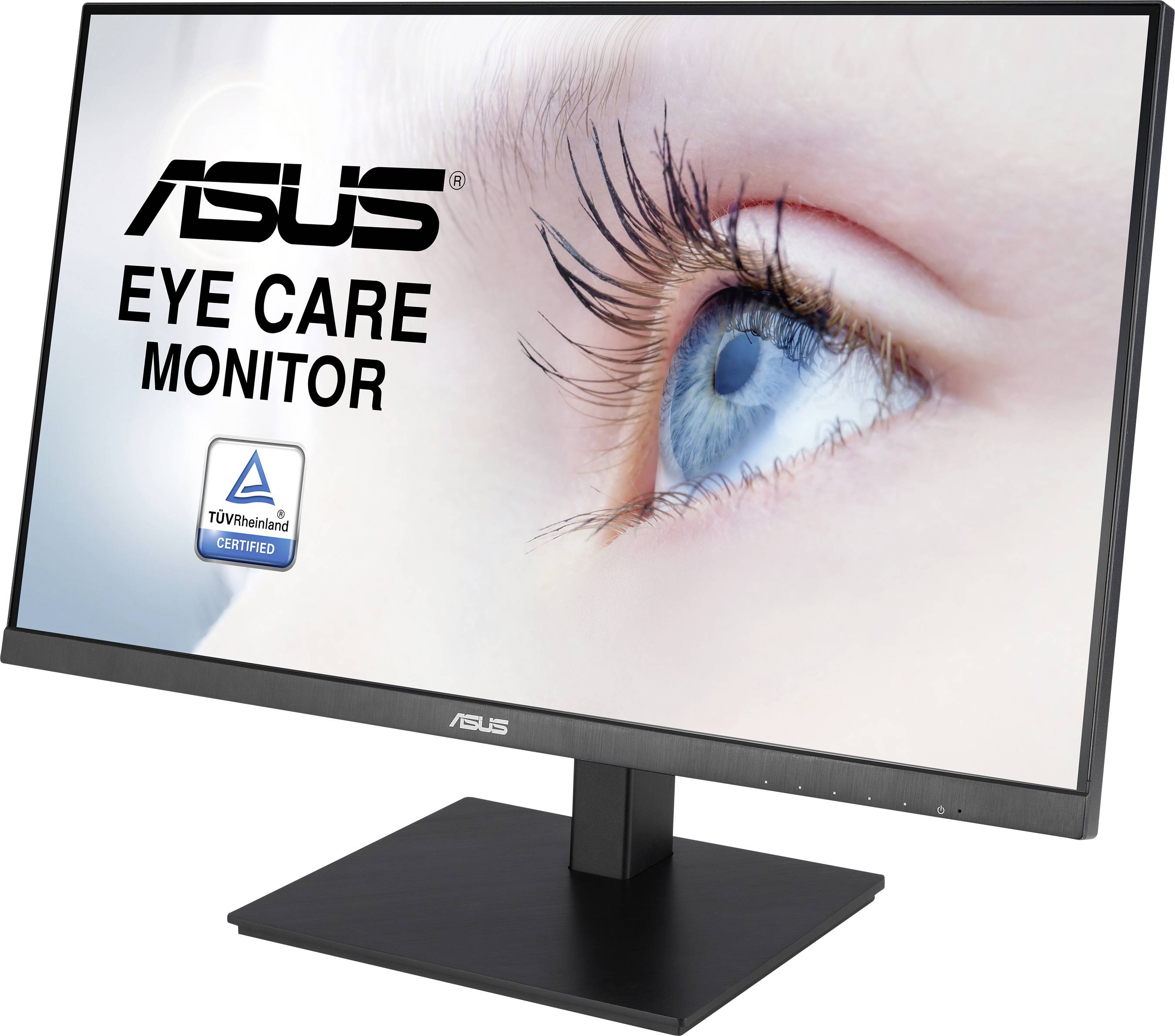 Ein Monitor mit dem Logo 'ASUS' und dem Text 'Eye Care Monitor'. Ein Auge ist groß im Hintergrund abgebildet, TÜV-zertifiziertes Siegel sichtbar.