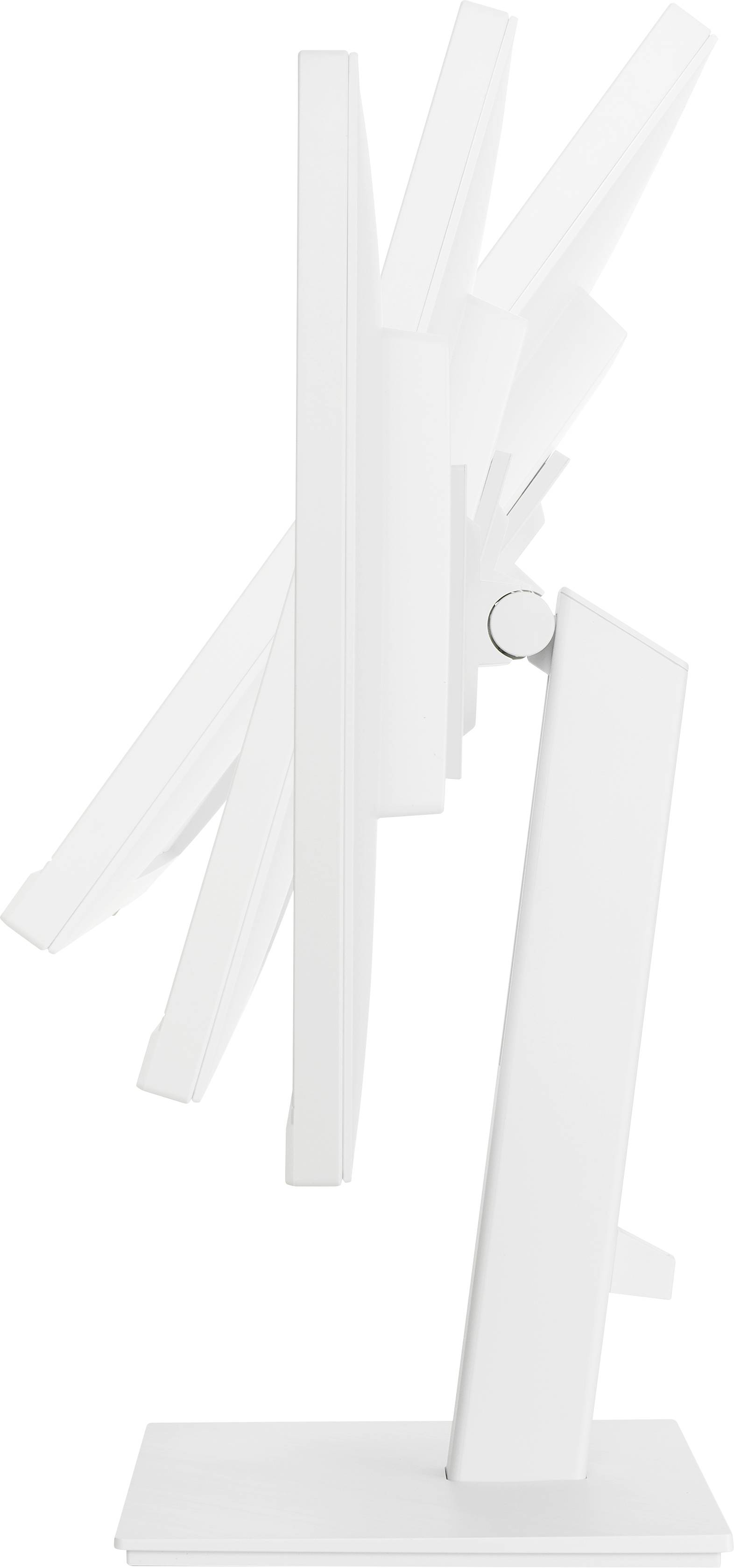 Seitliche Ansicht eines verstellbaren weißen Computermonitors mit schwenkbarem Standfuß. Der Monitor zeigt verschiedene Neigungswinkel.
