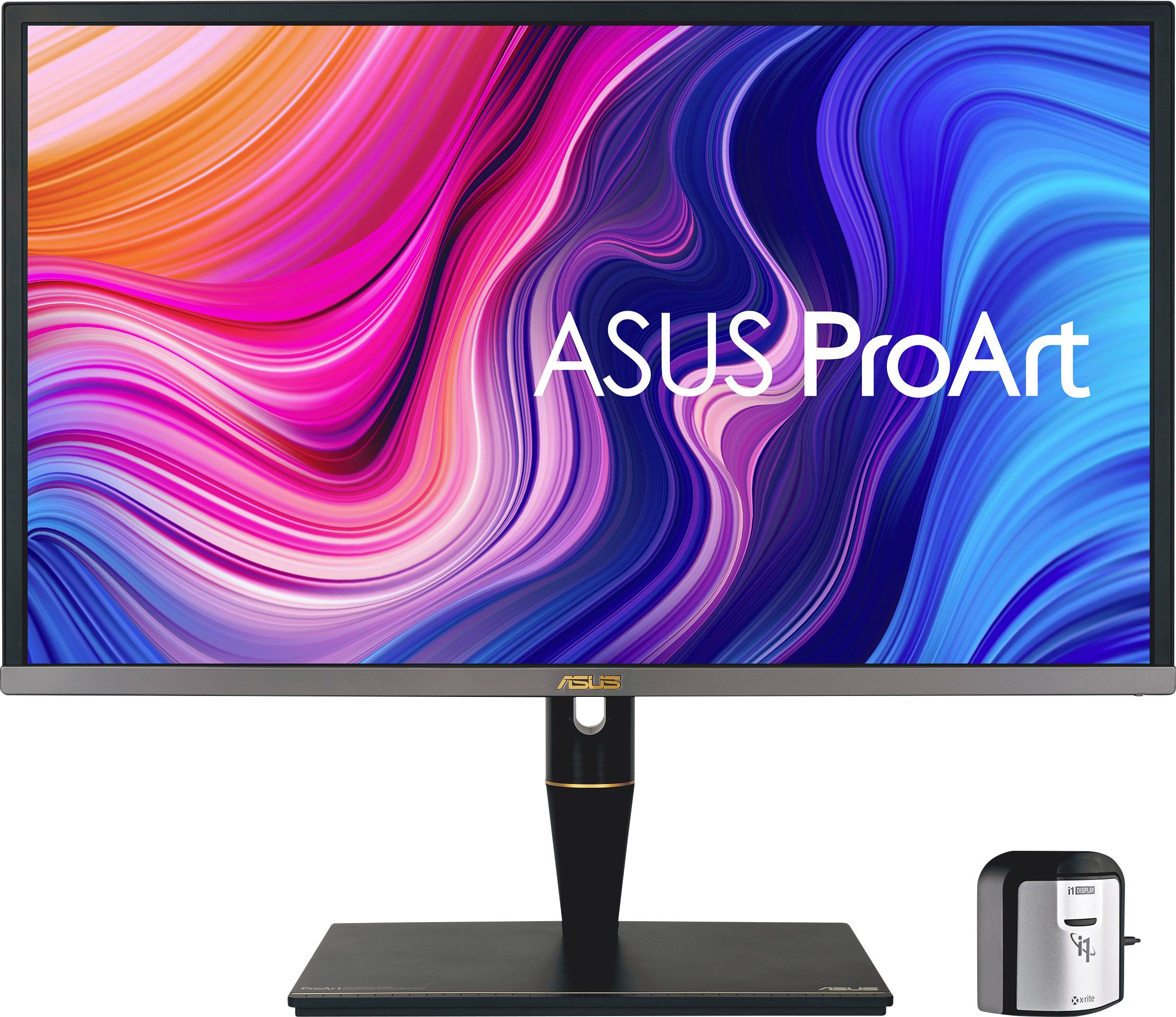 Ein Asus ProArt Monitor mit farbenfrohem, abstraktem Hintergrund, geeignet für professionelle Grafik- und Designanwendungen.
