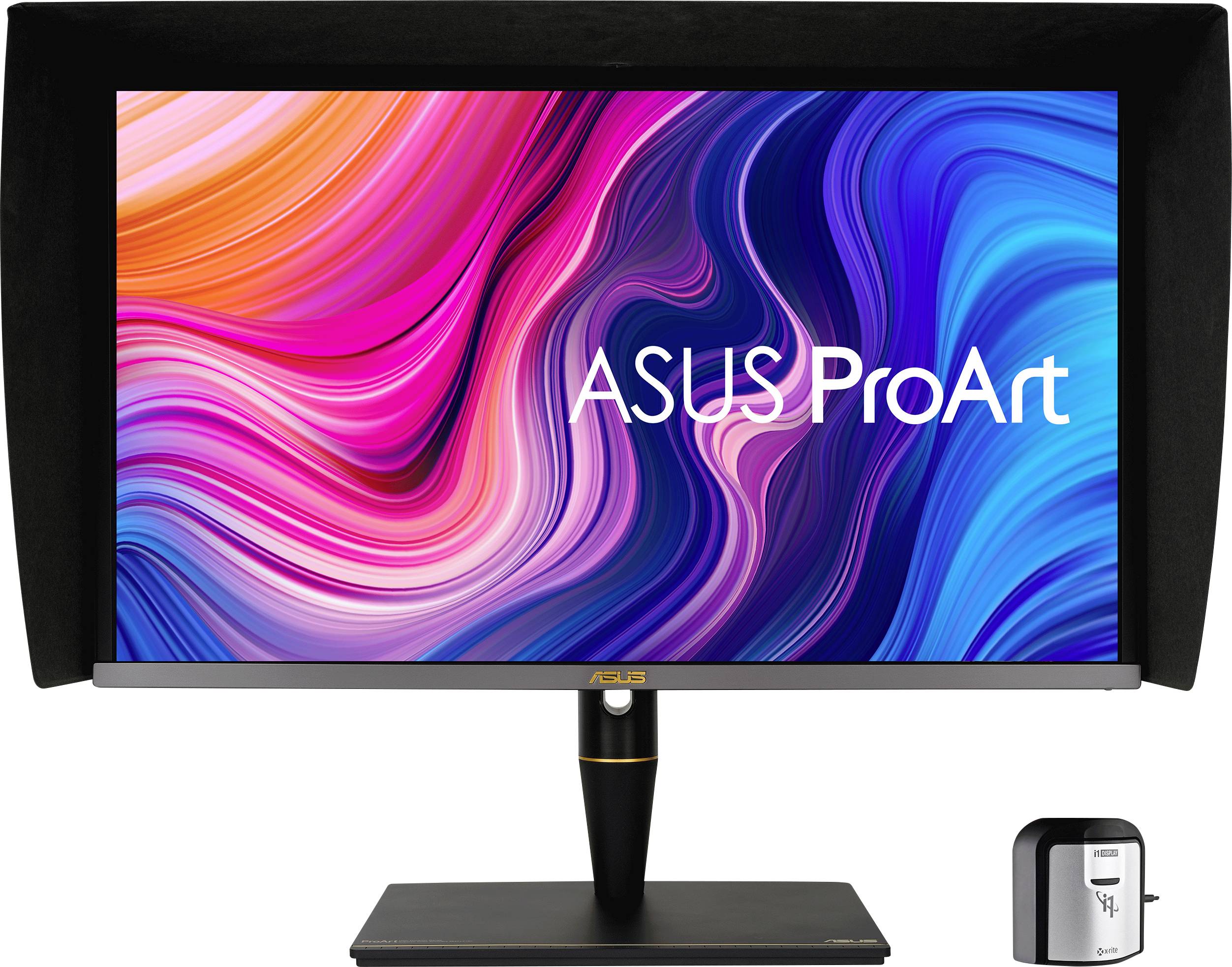 Ein ASUS ProArt Monitor zeigt ein farbenfrohes, abstraktes Design. Daneben steht ein Kalibrierungsgerät.
