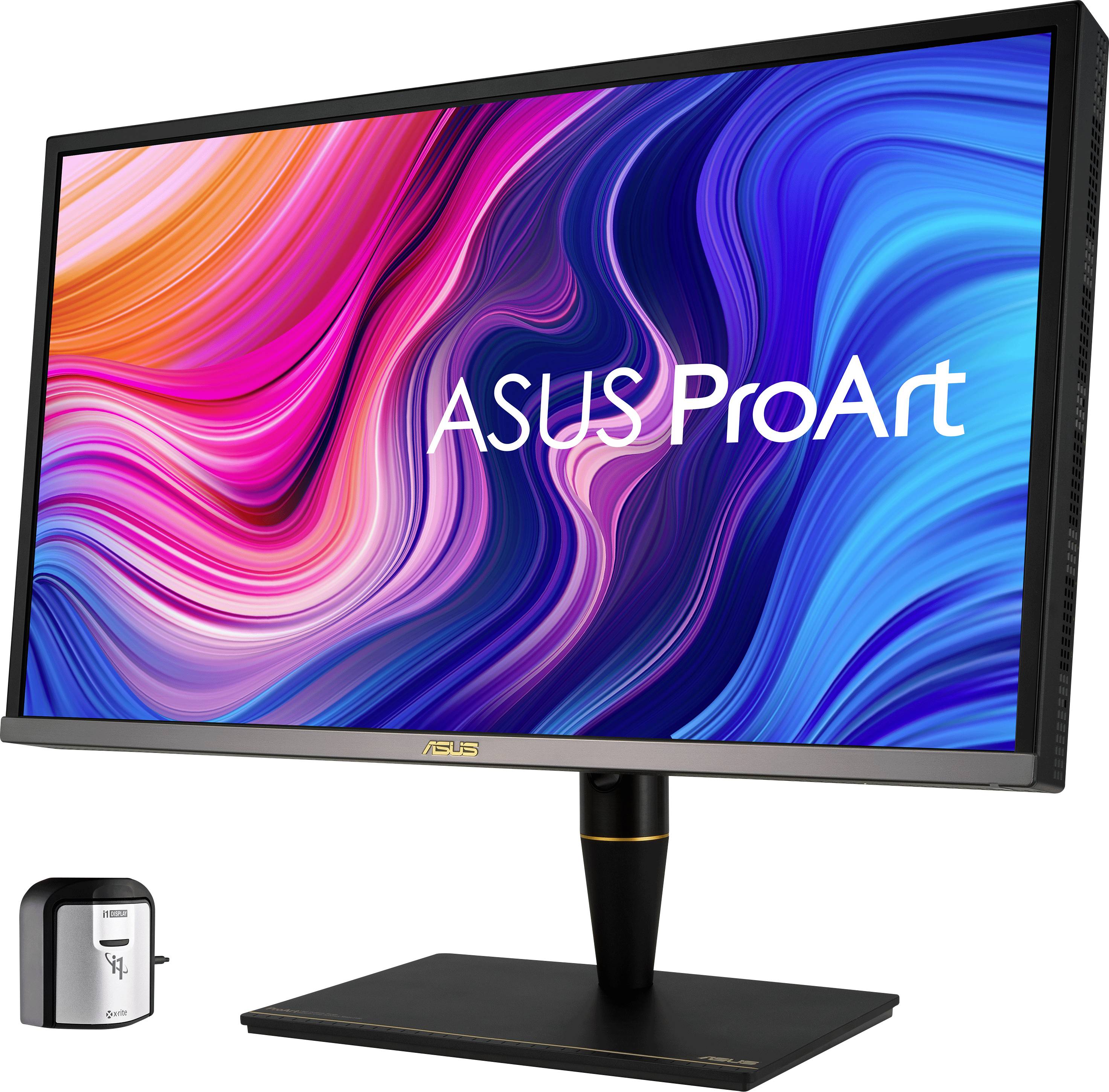 Monitor mit farbenfrohem Display; 'ASUS ProArt'-Logo sichtbar. Ideal für Grafikdesign und kreative Arbeiten.