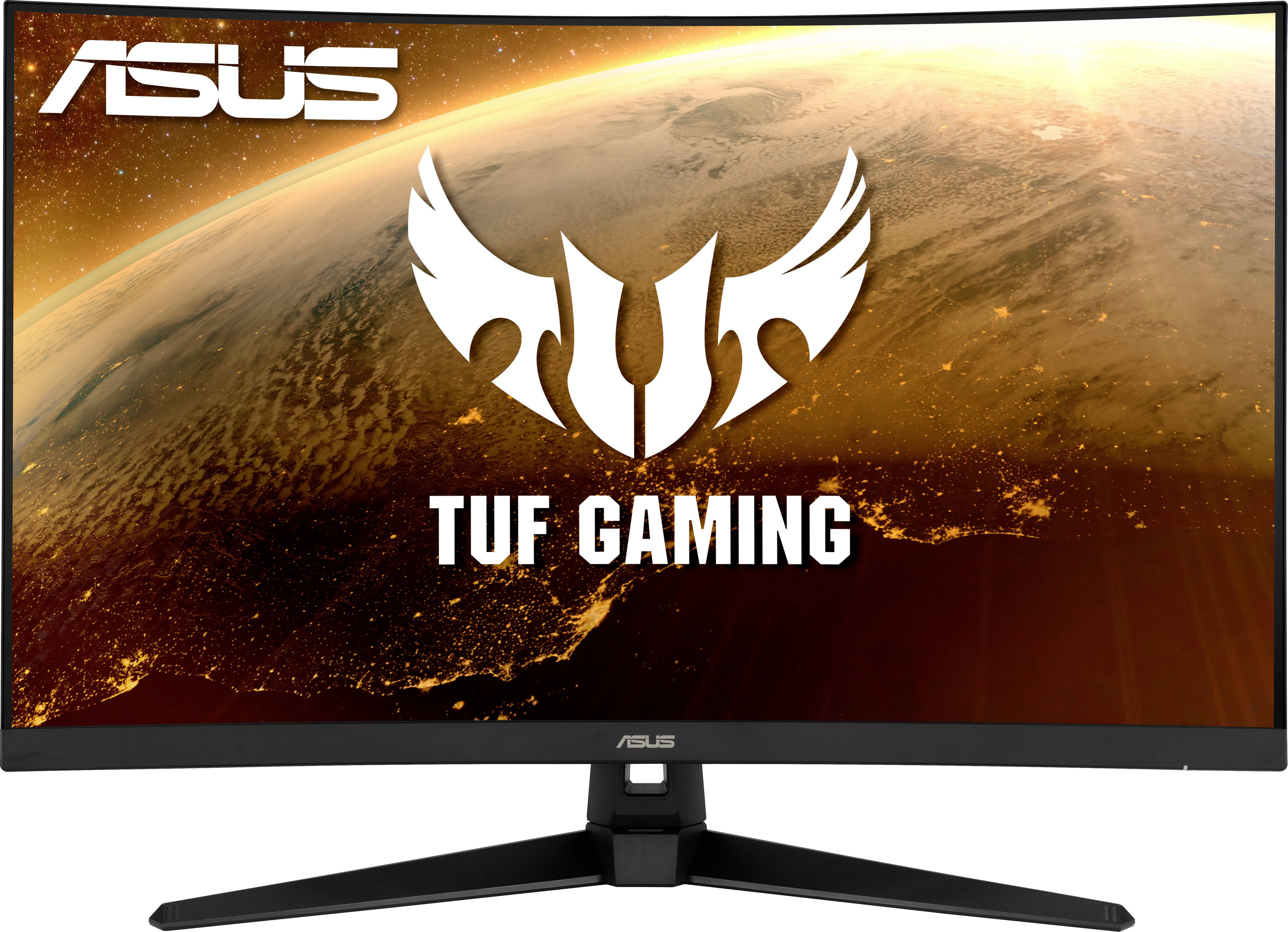 'ASUS TUF Gaming'-Monitor vor planetarischem Hintergrund zeigt das Logo und den Produktnamen. Ideal für intensives Gaming-Erlebnis.