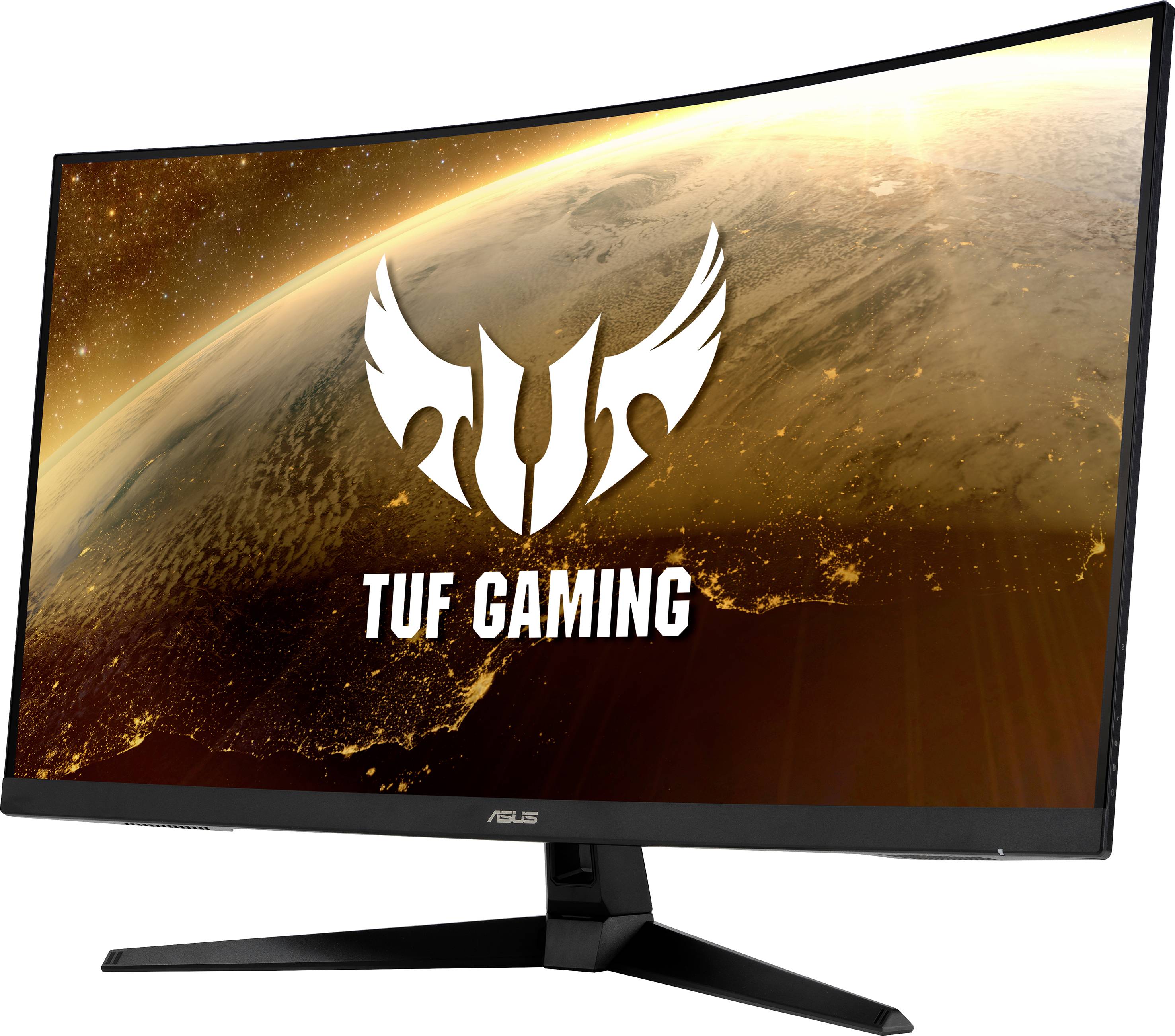 Ein gebogener ASUS TUF Gaming Monitor mit einem leuchtenden Weltraumbildschirmhintergrund. Logos und Markenname sichtbar.
