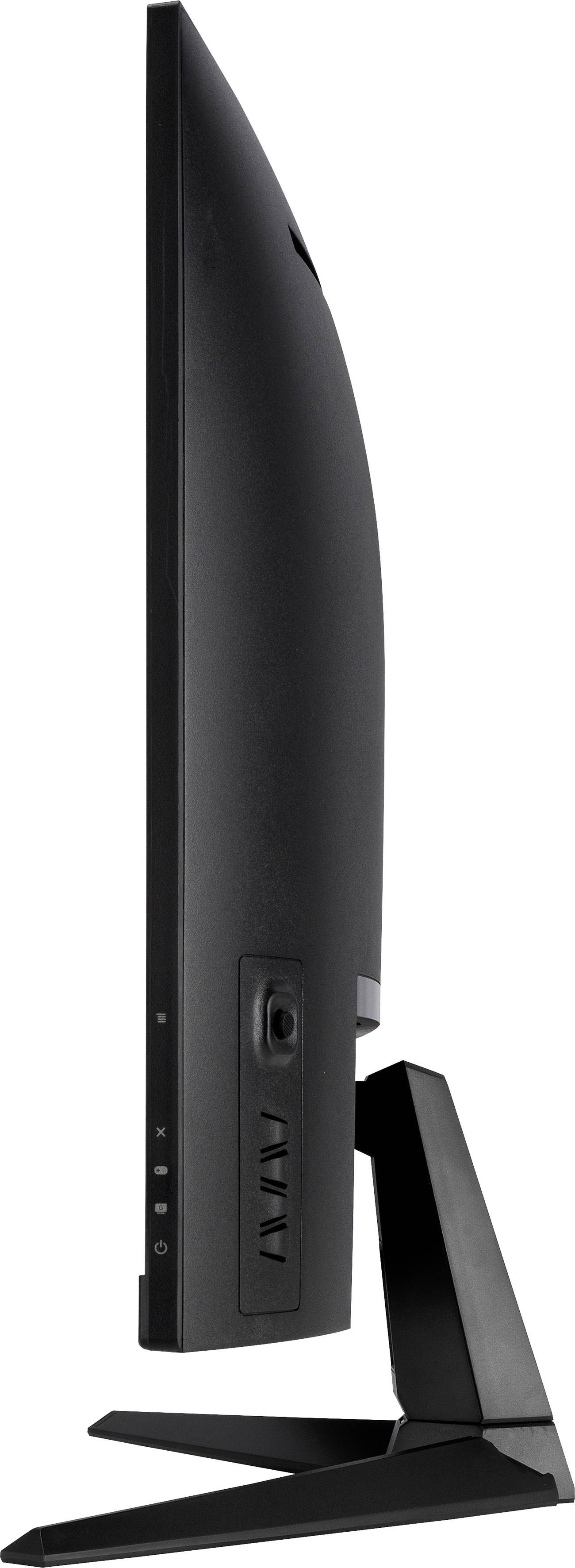 Seitenansicht eines flachen, modernen Monitors auf einem Standfuß, zeigt schlankes Design und Anschlüsse an der Rückseite.