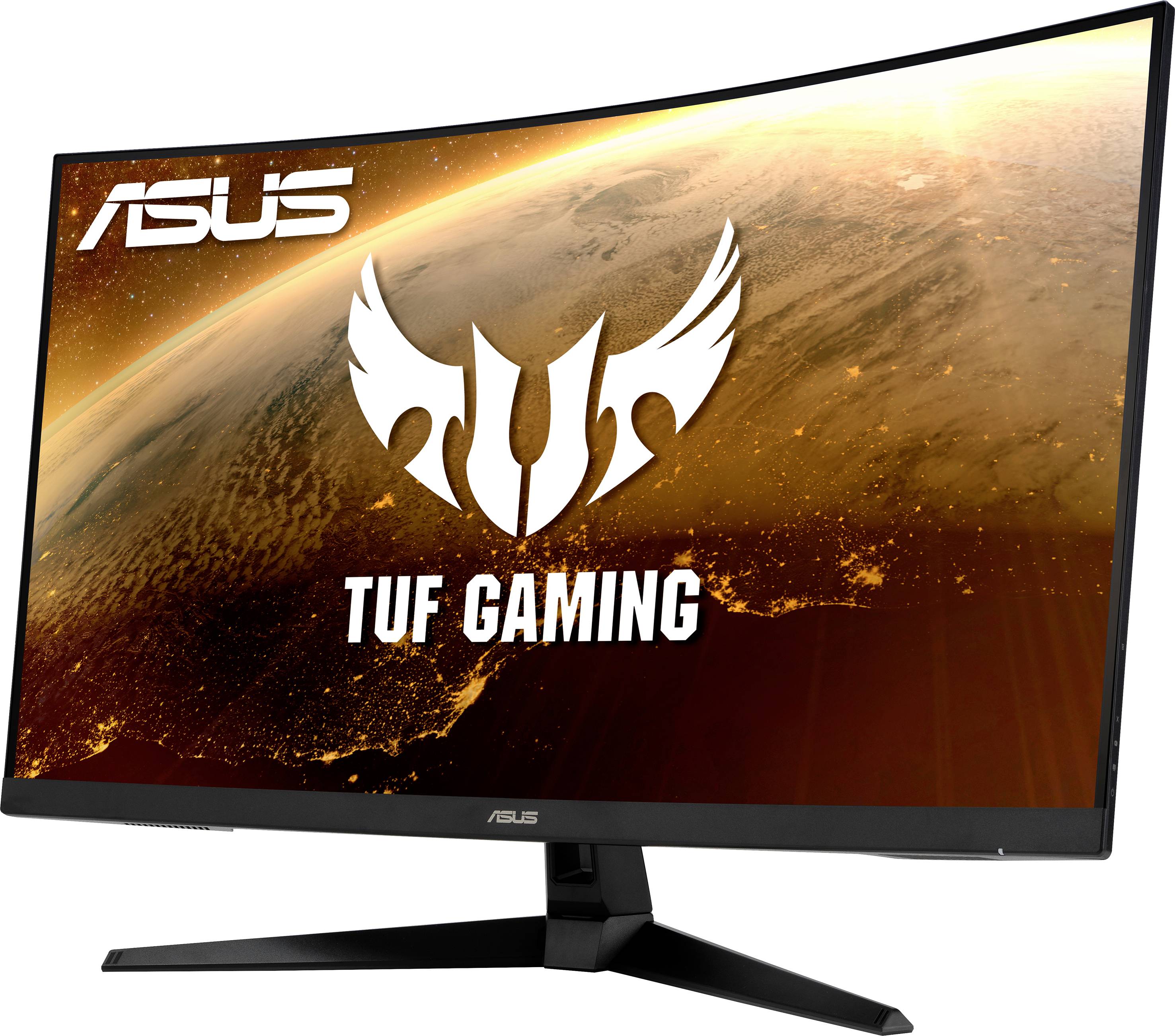 'ASUS TUF Gaming'-Monitor mit gekrümmtem Bildschirm, zeigt ein Weltraumbild mit orangefarbenem Planeten.