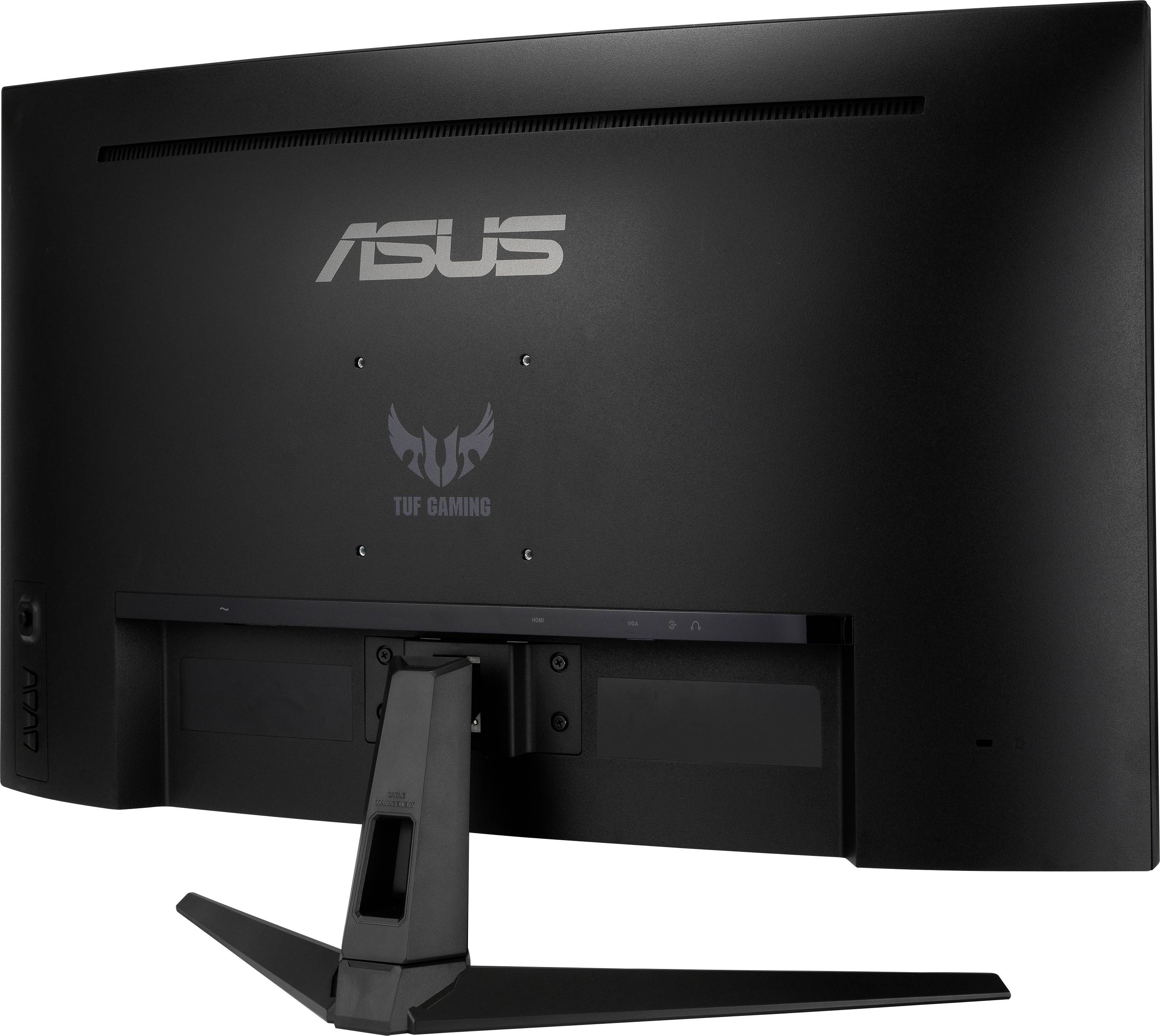 Ein Gaming-Monitor der Marke ASUS von hinten, zeigt das Logo 'TUF Gaming' unterhalb des ASUS-Schriftzugs auf schwarzem Gehäuse.