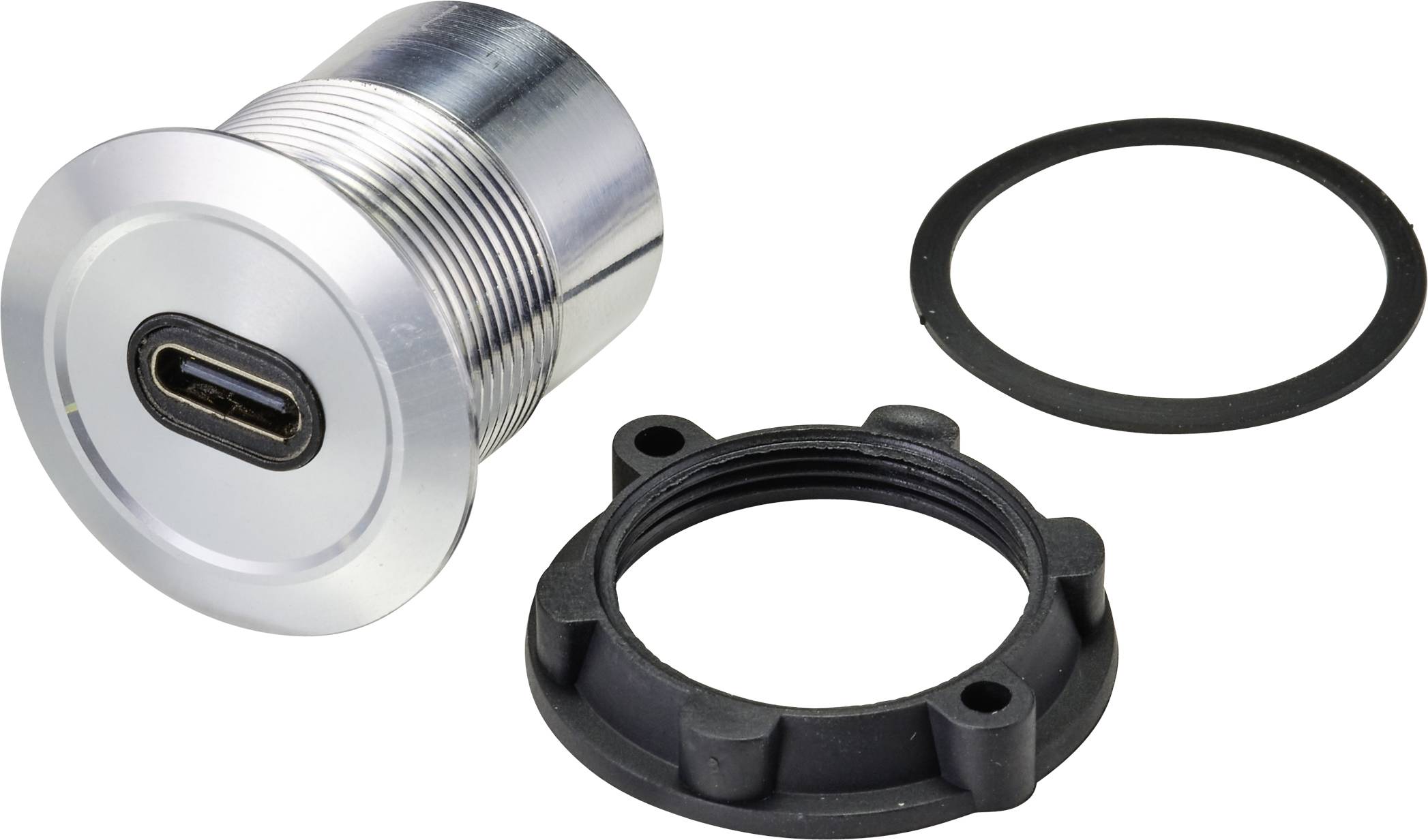 USB-C-Anschluss mit silbernem Gehäuse, Dichtungsring und schwarzem Montageelement. Geeignet für den Einbau in elektronische Geräte.