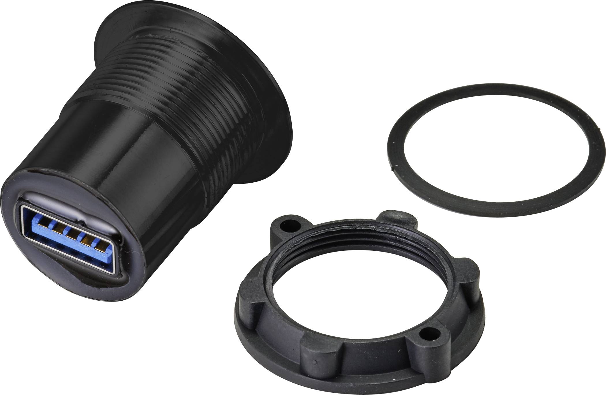 USB-Einbaubuchse aus schwarzem Kunststoff, rund, mit Abdeckring und Dichtung, geeignet für eine feste Montage in Gehäusen.
