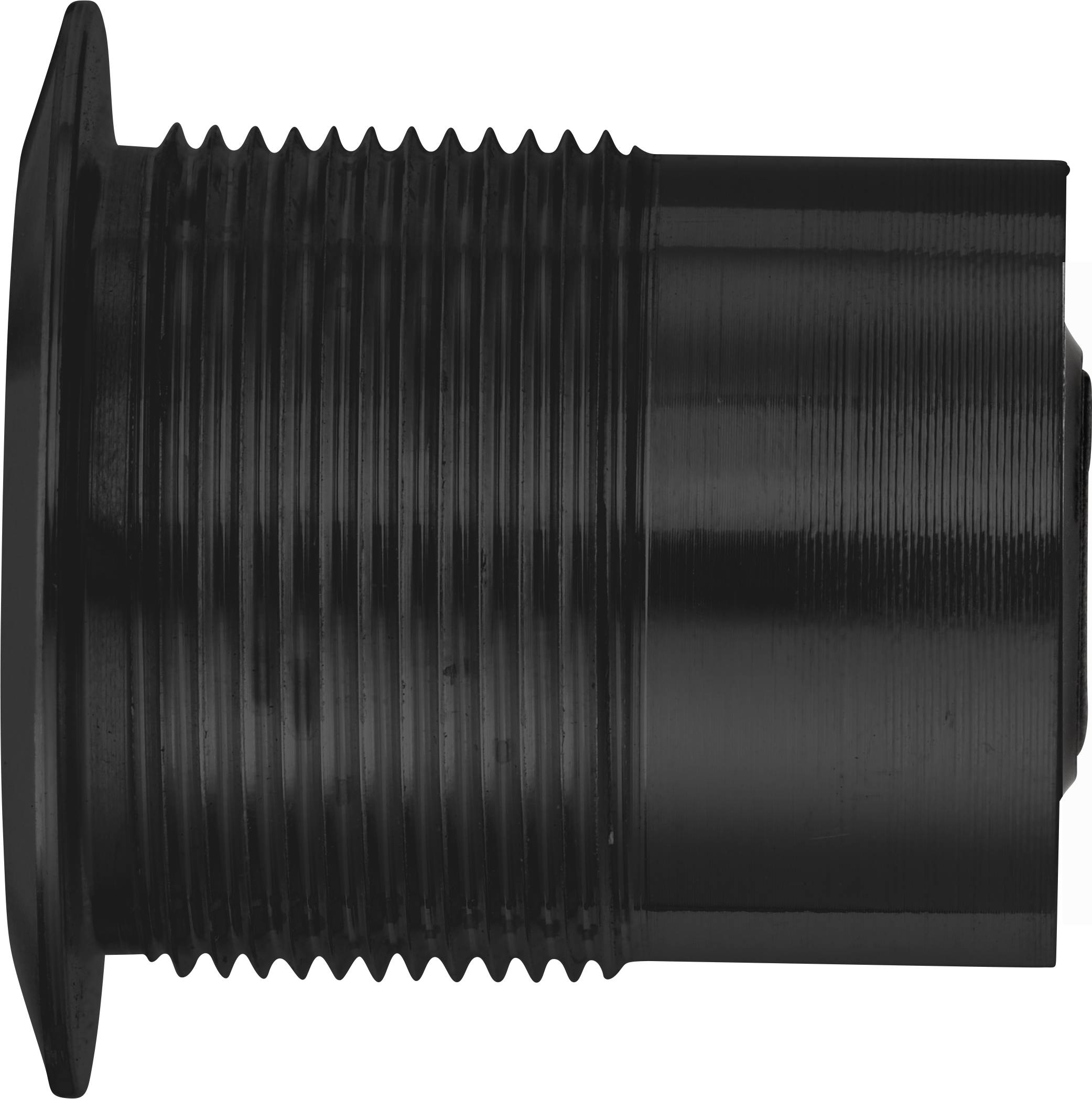 Ein schwarzes, zylindrisches Bauteil mit geripptem Gehäuse und einer ebenen Basis, das mechanisch oder industriell genutzt wird.