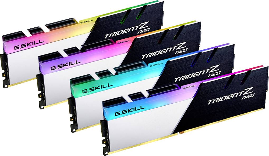 Vier RAM-Module mit RGB-Beleuchtung, die Marke 'G.SKILL' und Modell 'Trident Z Neo' tragen. Sie sind in verschiedenen Farben beleuchtet.