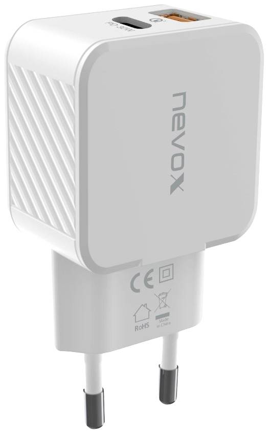 Ein weißes USB-Ladegerät mit zwei Anschlüssen: einem USB-C- und einem USB-A-Anschluss. Das Gerät zeigt CE- und RoHS-Kennzeichnungen.