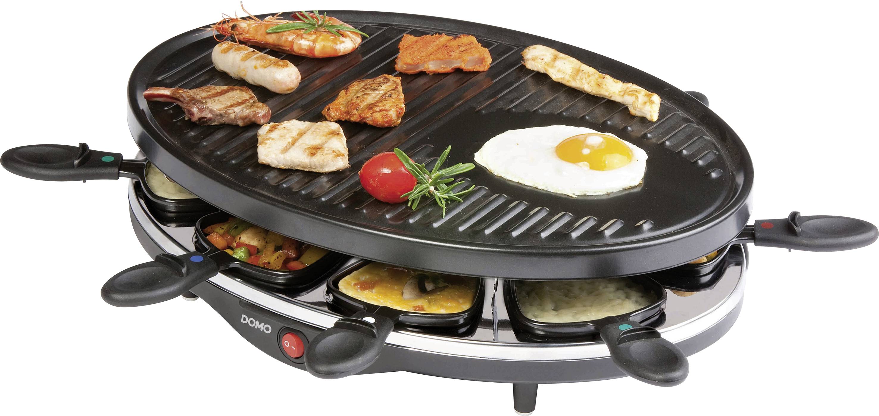 Elektro-Raclette-Grill mit ovaler Grillplatte. Oben grillen Garnelen, Fleisch und Ei, unten schmelzen Käse-Pfännchen. Ideal zum gemeinsamen Kochen.