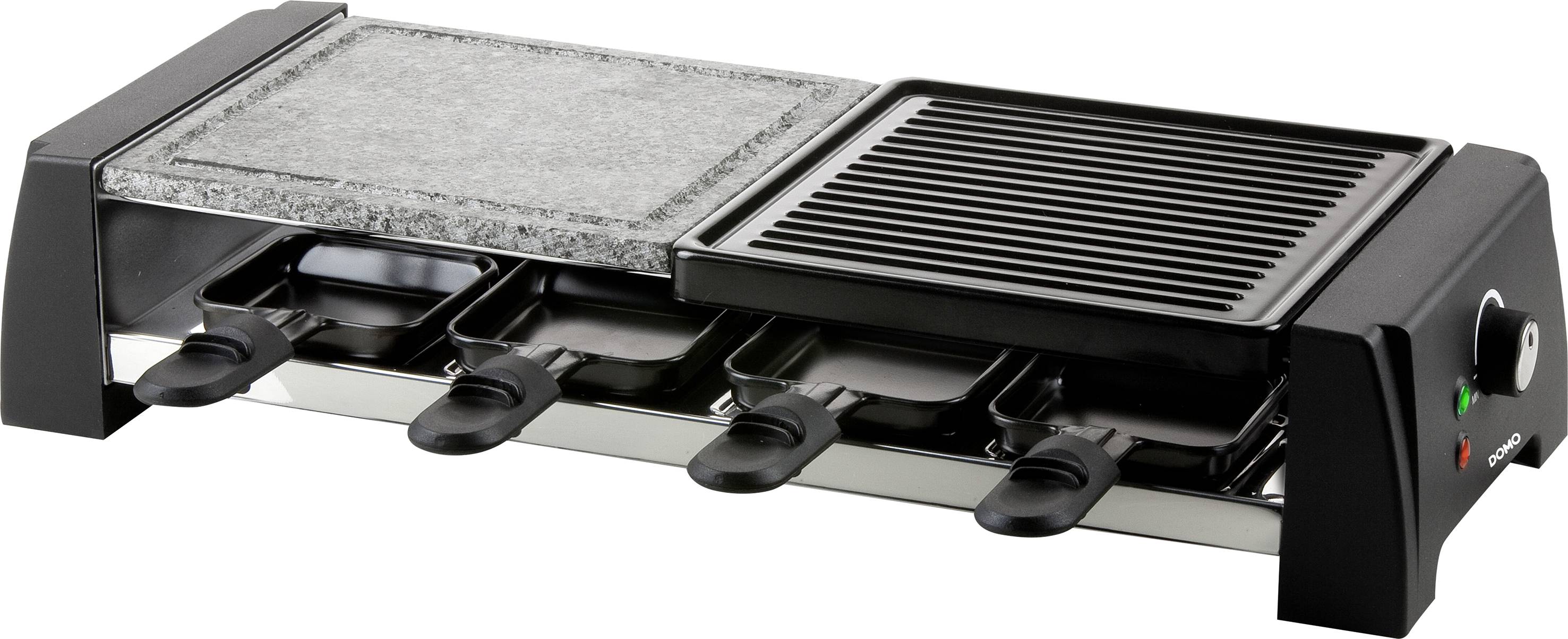 Elektrischer Raclette-Grill mit Stein- und Metallplatte, mehreren Pfännchen darunter; geeignet für gemeinsames Kochen am Tisch.