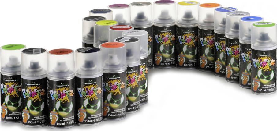 Eine Reihe von Sprühdosen in verschiedenen Farben, auf denen 'Paint' steht, in einer leicht gebogenen Anordnung.