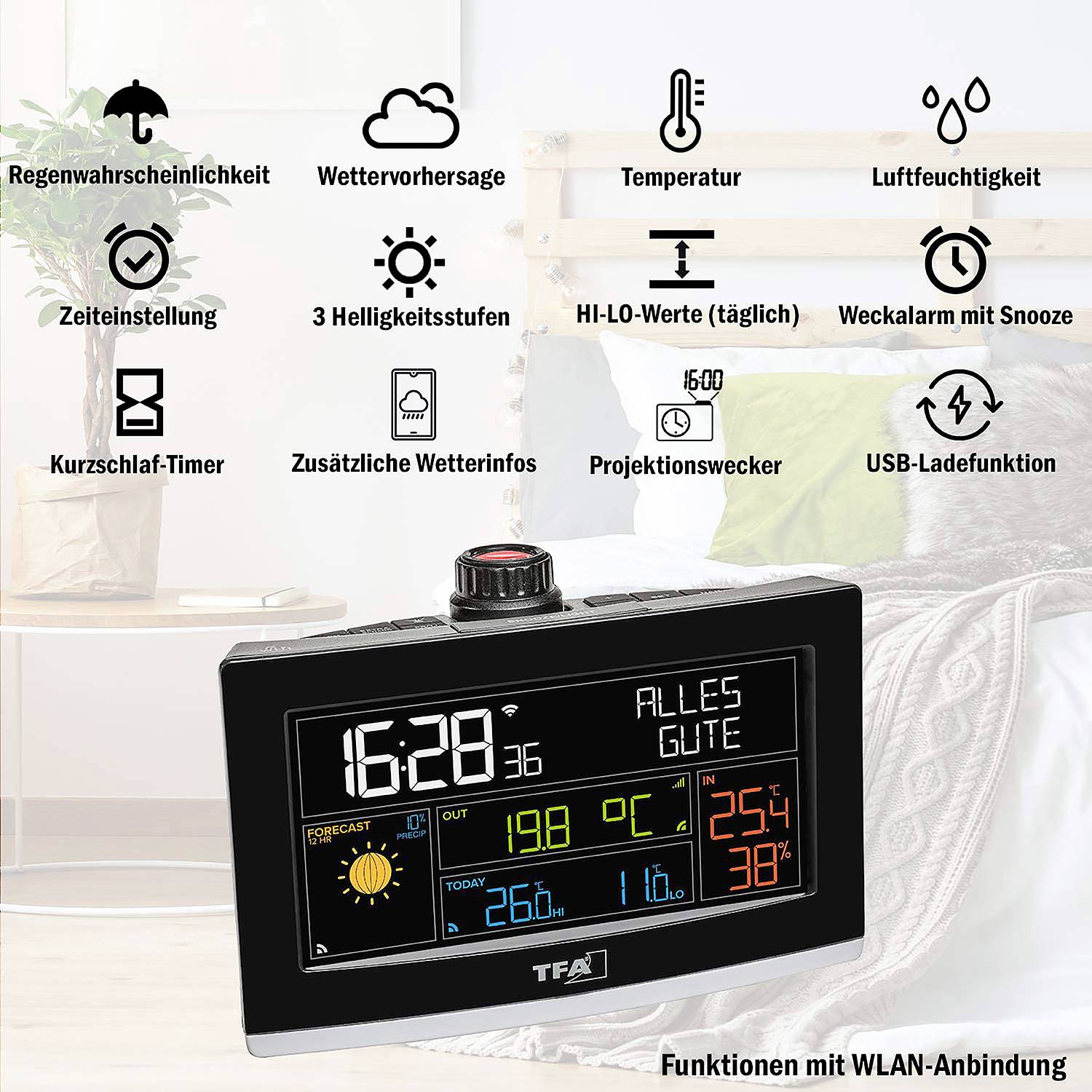 TFA Dostmann VIEW SHOW 35.8002.01 Quarz WLan Tischuhr digital Schwarz