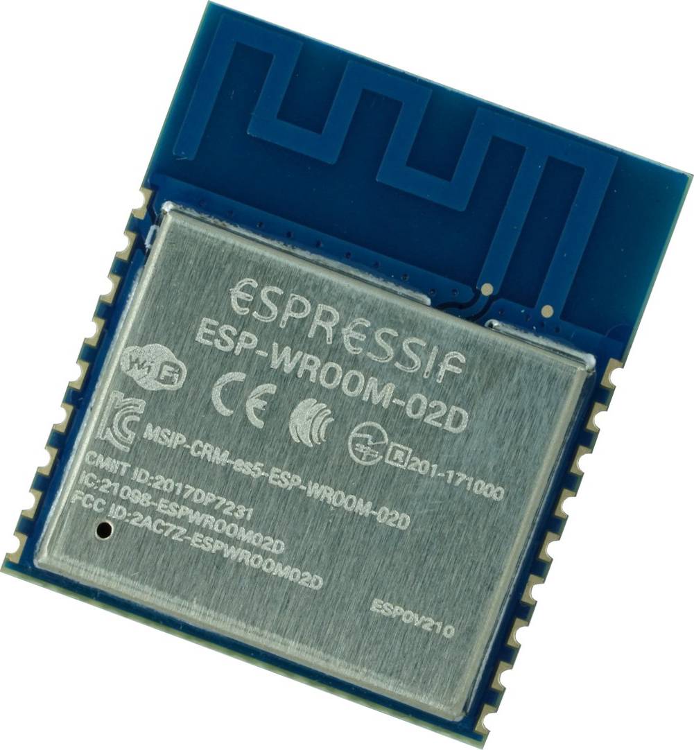 Ein blaues Mikrocontroller-Modul, beschriftet mit 'ESPRESSIF ESP-WROOM-02D', zeigt technische Spezifikationen und Zertifizierungen.