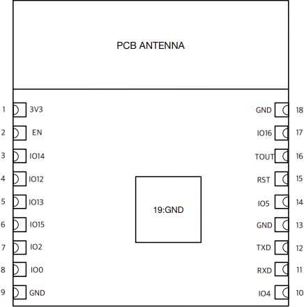 'PCB ANTENNA' in der Mitte. Links und rechts je 9 Pins nummeriert 1 bis 9, mit Beschriftungen wie '3V3', 'EN', 'IO14' links und 'GND', 'IO16', 'TOUT' rechts.