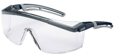 Eine klare Schutzbrille mit einem schwarz-grauen Rahmen. Sie bietet umfassenden Augenschutz und ist ideal für Arbeitsumgebungen.