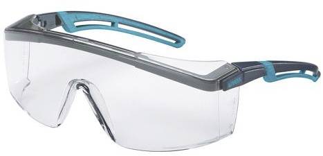 Schutzbrille mit transparenten Gläsern und schwarzem Rahmen, ausgestattet mit türkisfarbenen Akzenten an den Bügeln.