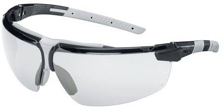 Schutzbrille mit transparenten Gläsern und schwarzem Rahmen, geeignet für Augen- und Gesichtsschutz bei handwerklichen Tätigkeiten.