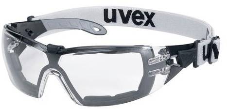 Schutzbrille mit durchsichtigem Glas und weißem Band, auf dem 'uvex' steht. Geeignet für den Sicherheits- und Schutzgebrauch.