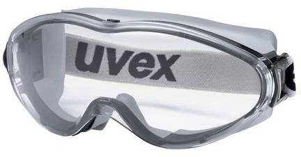 Schutzbrille mit transparentem Rahmen und elastischem Band mit 'uvex'-Aufschrift. Entworfen für Augenschutz in industriellen Umgebungen.