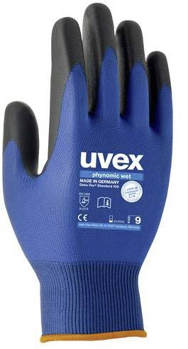 Blaue Sicherheitsarbeitshandschuh mit schwarzer Beschichtung und 'uvex phynomic wet' Logo, hergestellt in Deutschland, Größe 9.